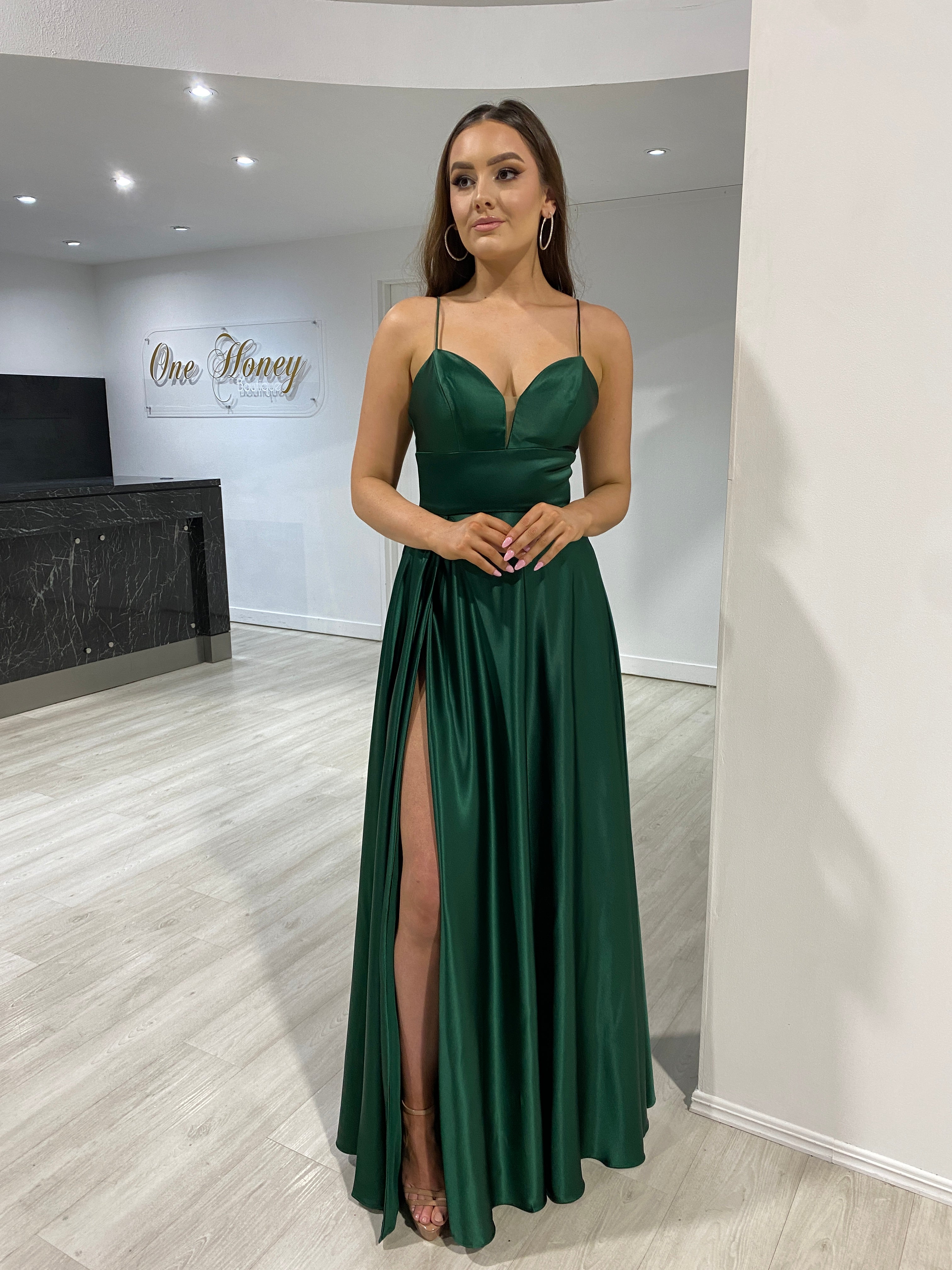 KAY Silky A Line Bridesmaid Dress with sweetheart neckline and leg slit, semi formal style. Perfect for events from Brisbane to Gold Coast.