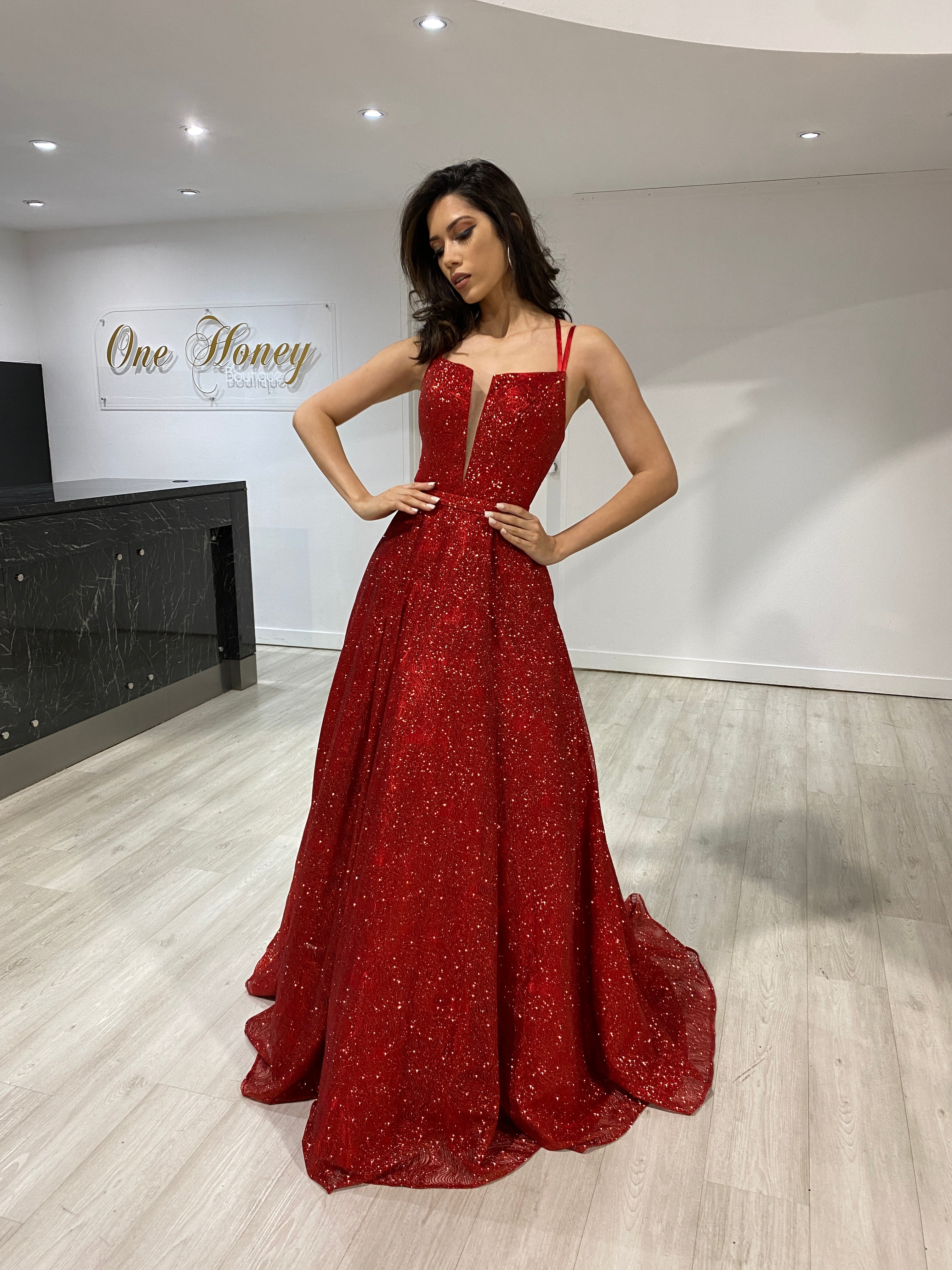 Honey Couture GRETCHEN red glitter ball gown formal dress, Australian designer evening gown, affordable prom dress with full skirt and pockets.