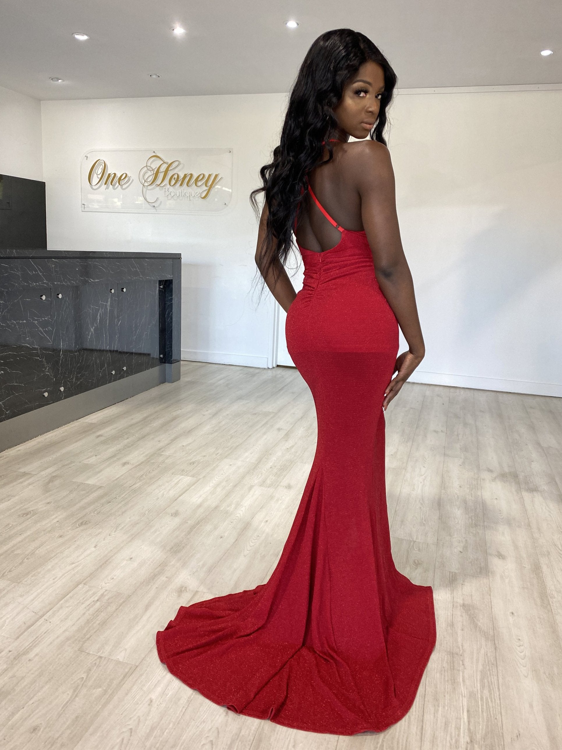 Model wearing Honey Couture LUREX Red Sparkle Mermaid Evening Gown with mermaid train and adjustable straps from Australian Designer.