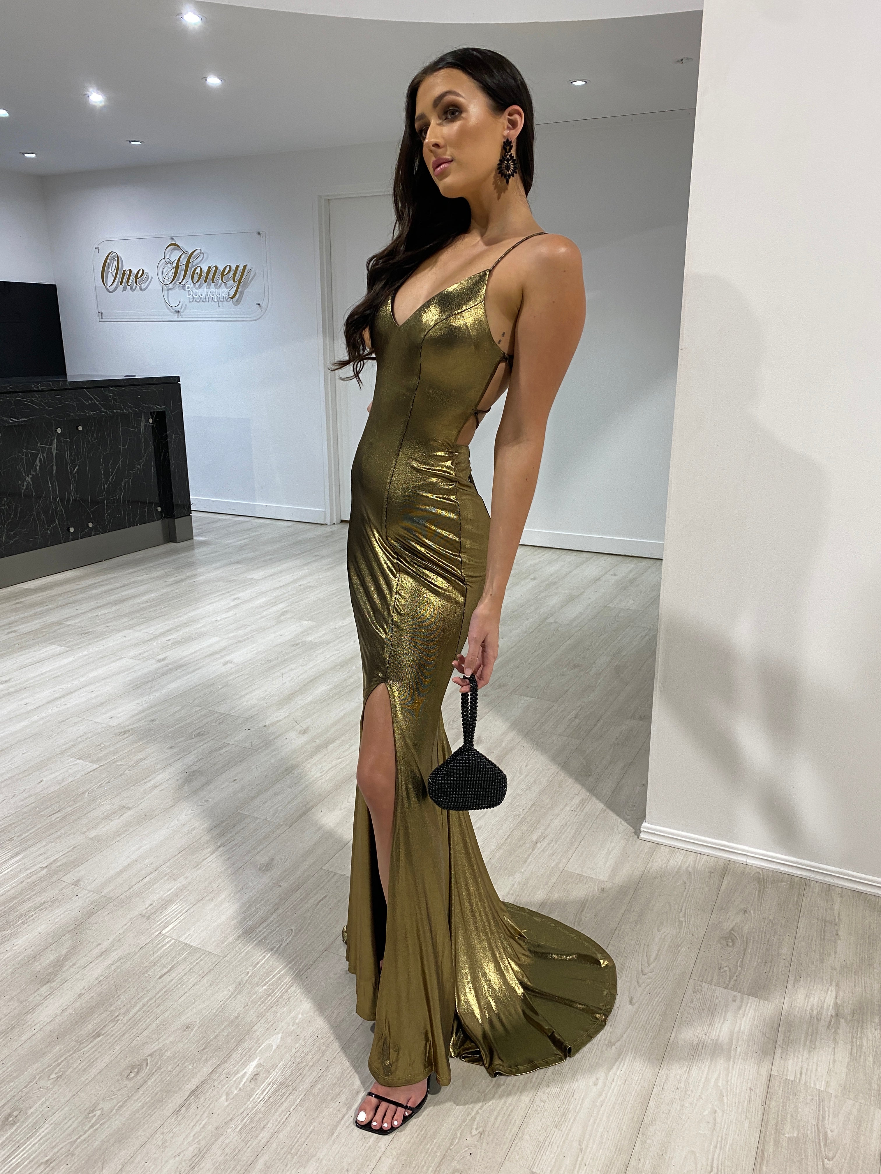 Honey Couture DITA Copper Gold Lace Up Corset Mermaid Formal Dress