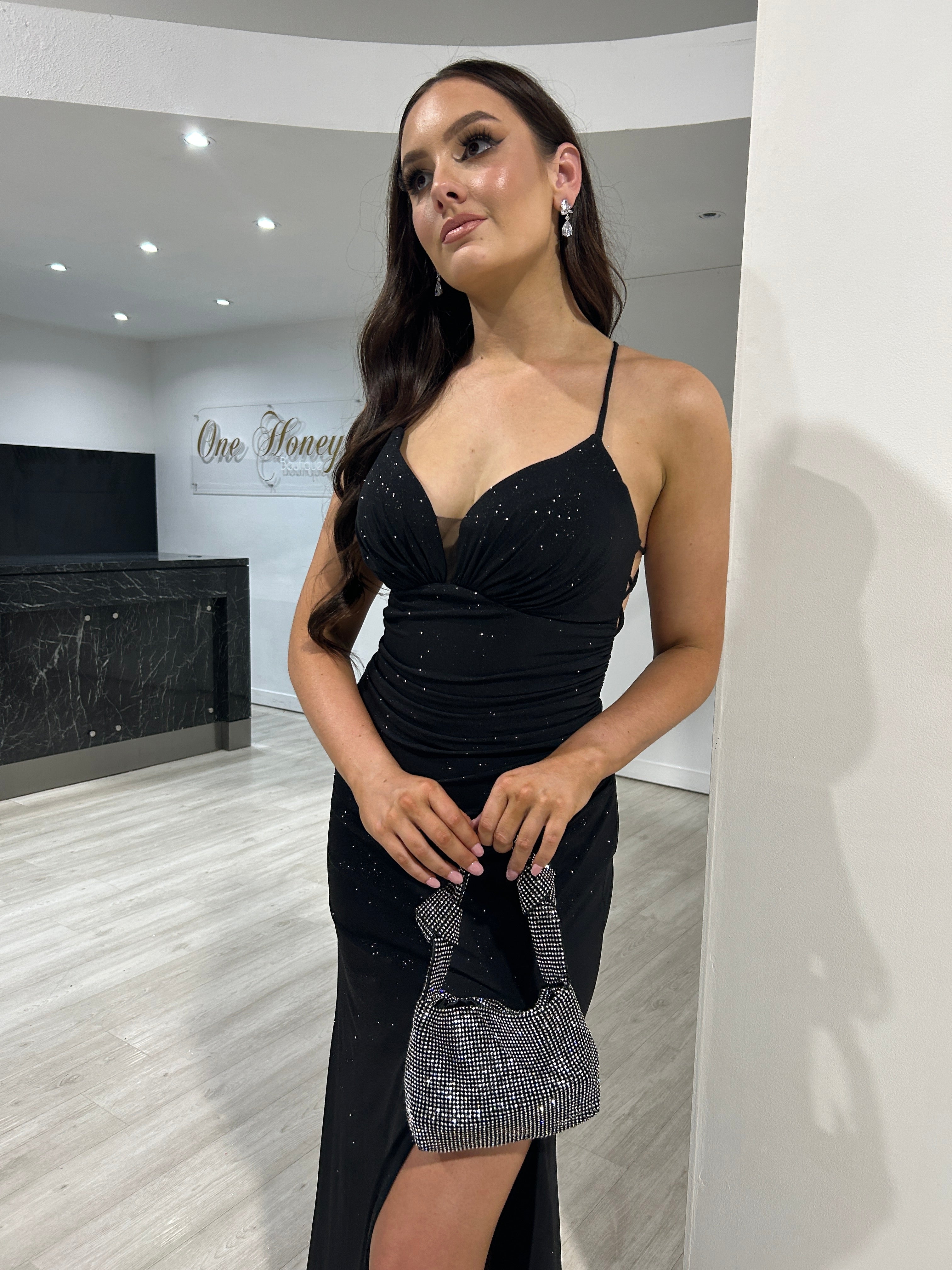 MISTELLA Shimmer Glitter Low Back Corset Feature Mermaid Formal Gown with glitter details, ideal for evening events in Brisbane to Gold Coast.