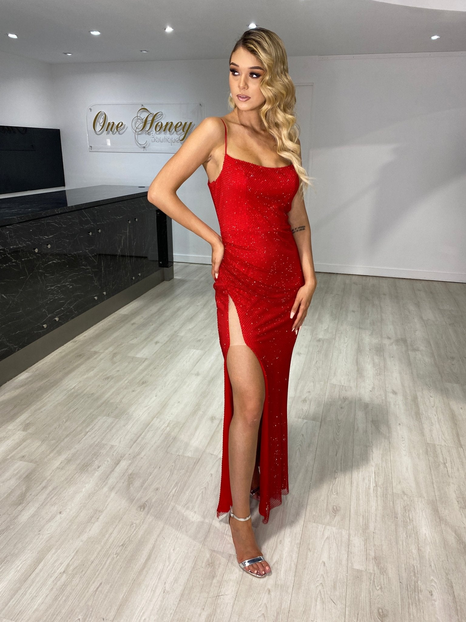 Honey Couture VICTORIA Red Sequin Beaded Low Back Formal Dress in Australia | One Honey Boutique