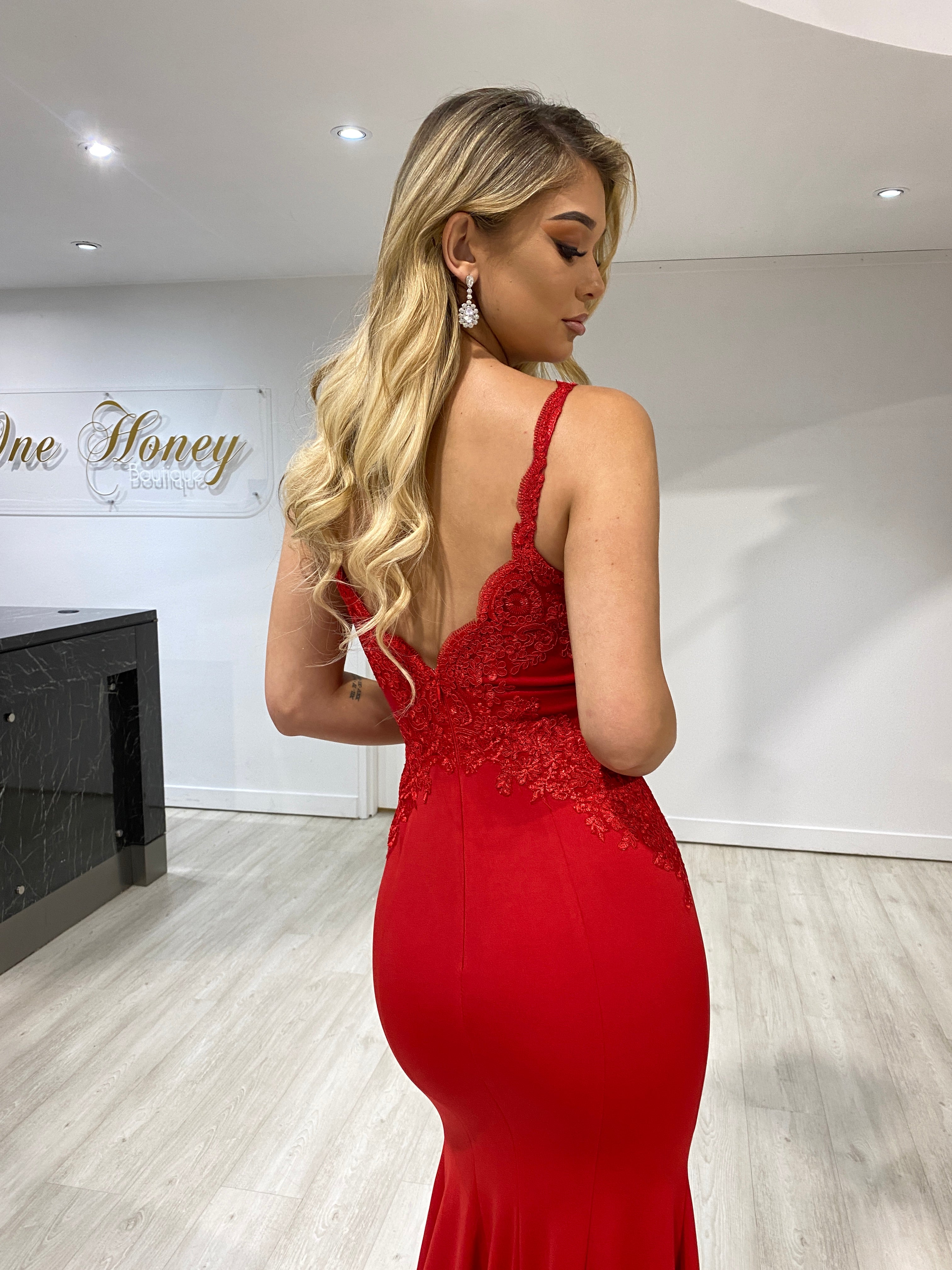 Honey Couture ASHTON Red Lace Bustier Corset Style Formal Dress