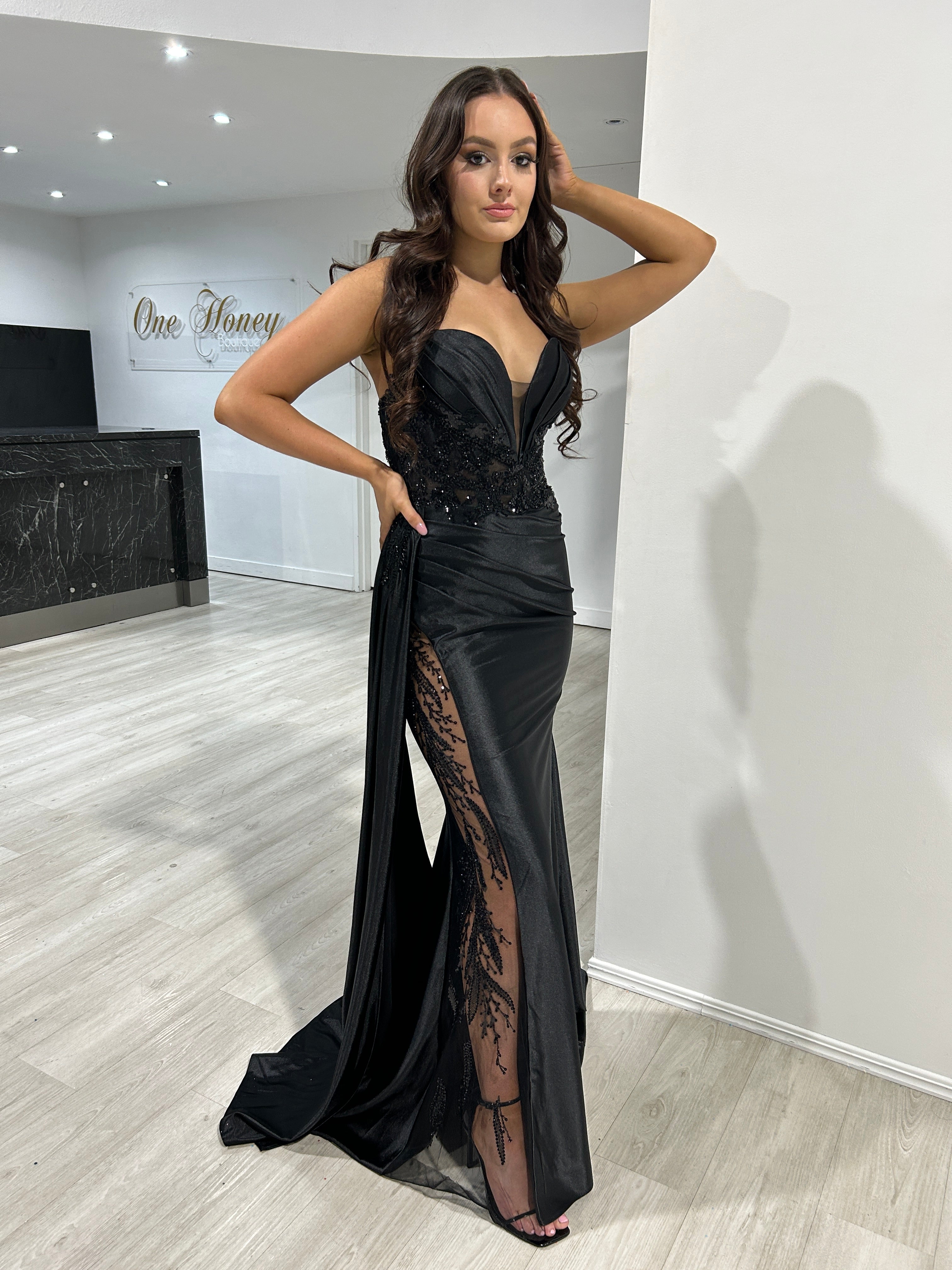 ANTONIA Embellished Corset Satin Mermaid Formal Dress with beaded leg slit, evening gown style. Brisbane to Gold Coast.
