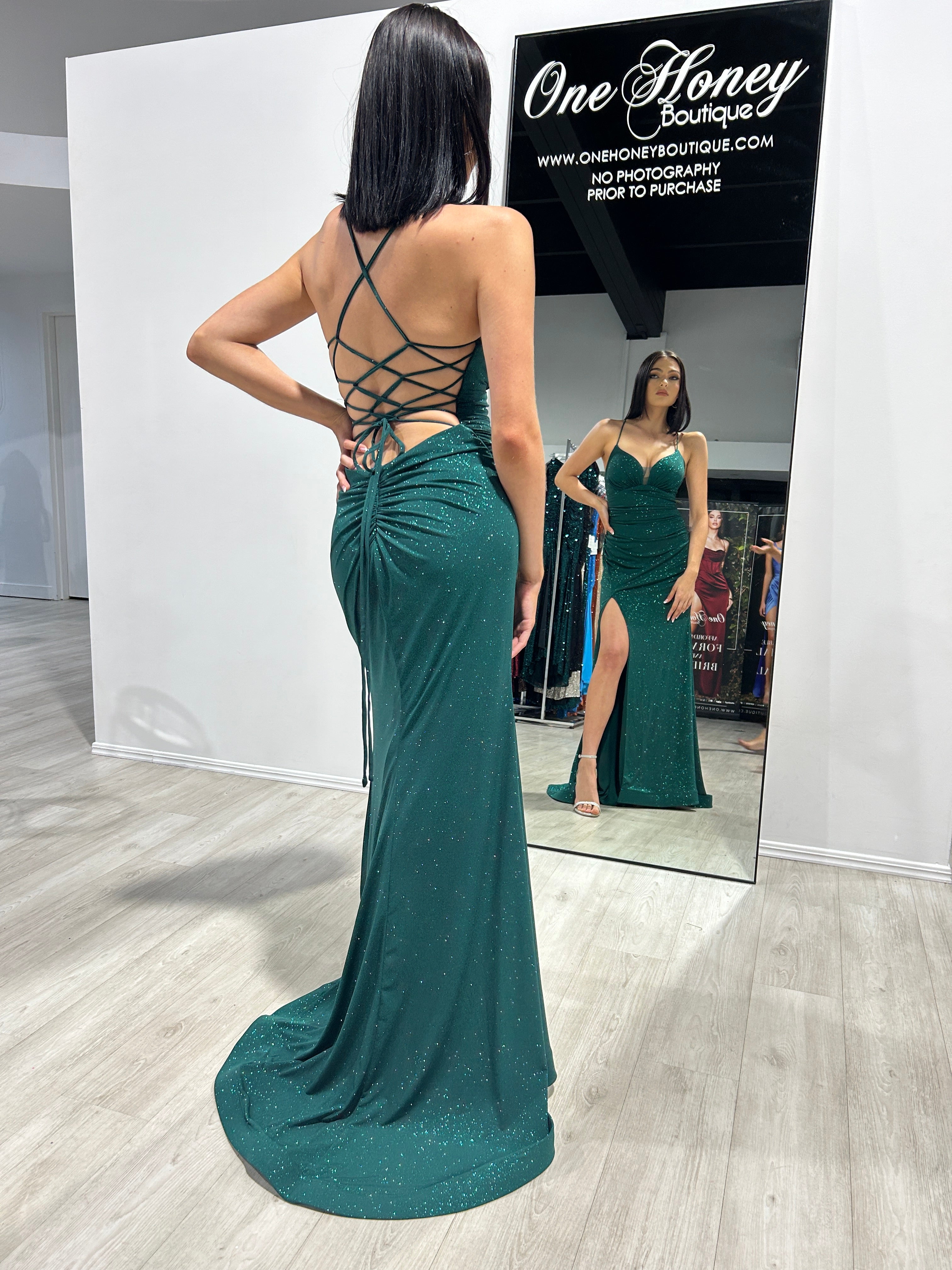 MISTELLA Shimmer Glitter Low Back Mermaid Gown with corset detailing. Formal gown reflected in mirror. Brisbane to Gold Coast.