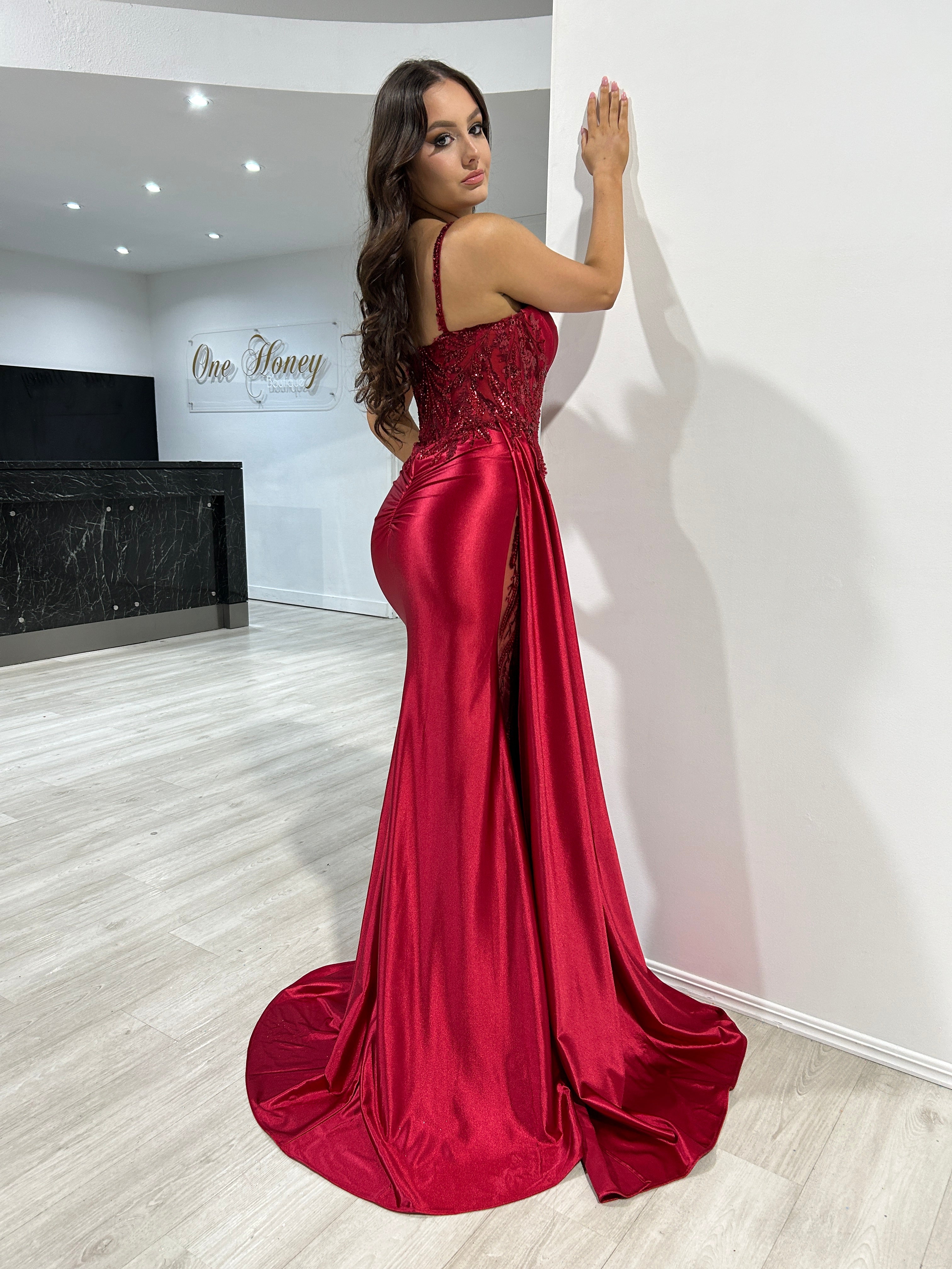 ANTONIA Embellished Satin Mermaid Formal Dress with lace corset and sheer leg slit. Perfect evening gown from Brisbane to Gold Coast.