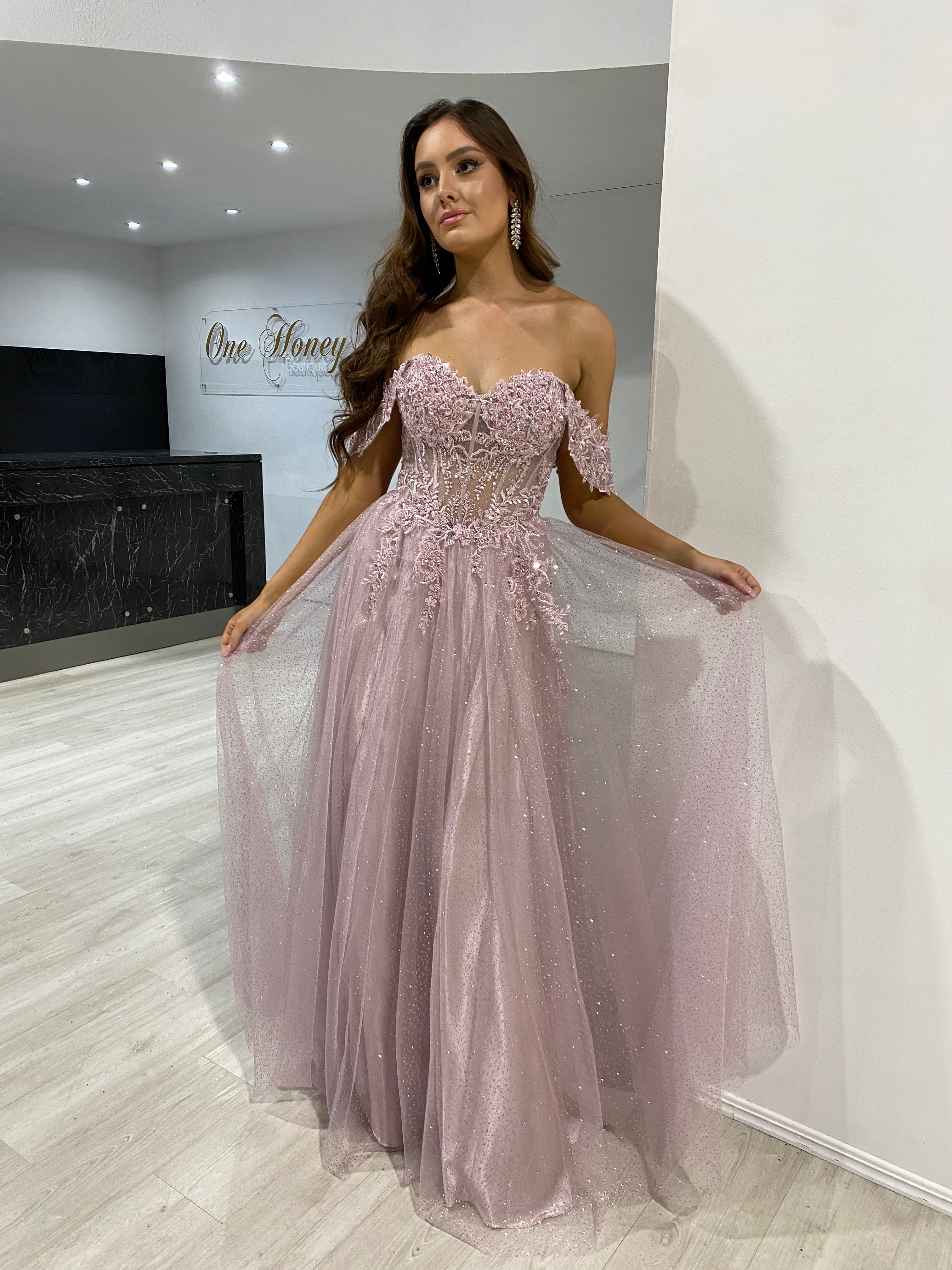 PHOEBE lace applique tulle formal dress with off-shoulder bustier, glitter skirt; evening gown for special occasions. Brisbane to Gold Coast.