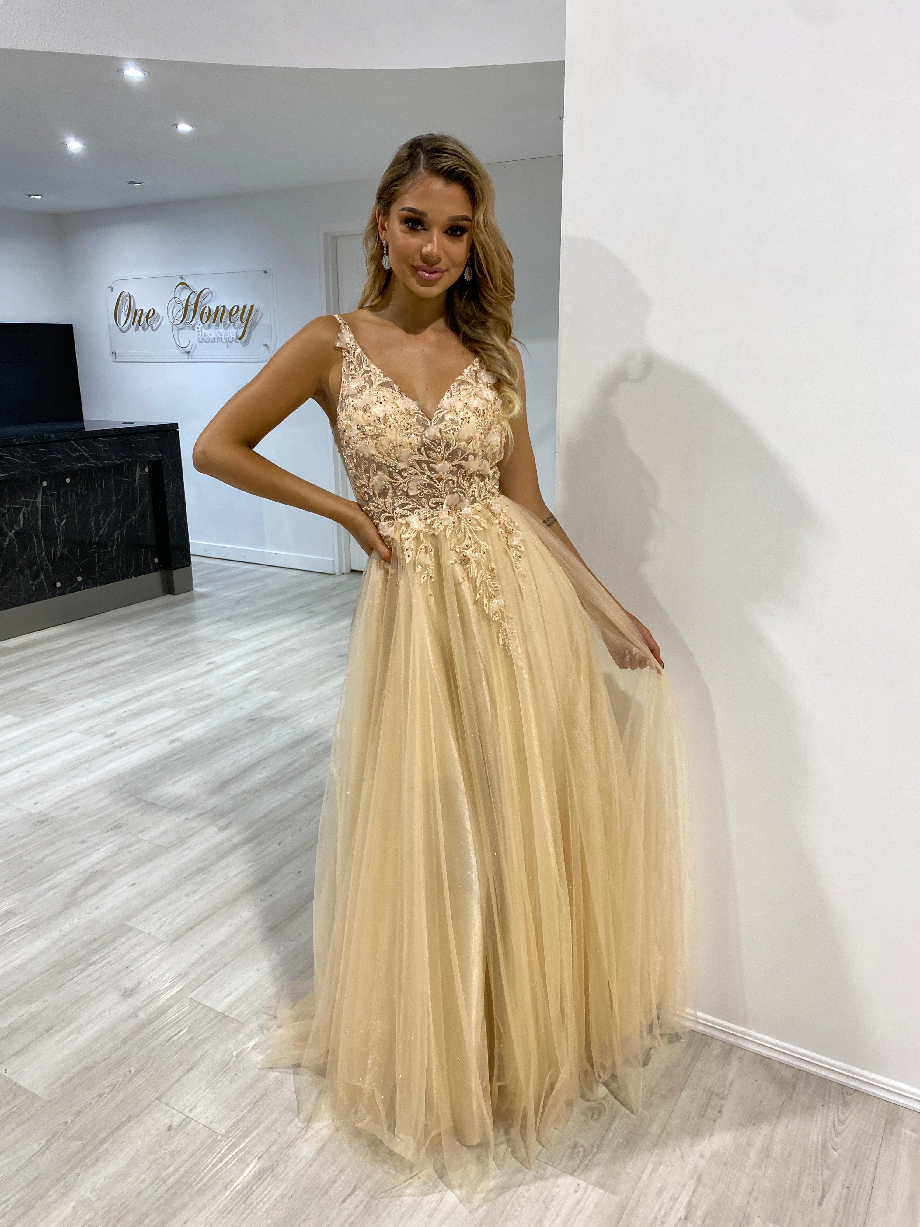 DEMIKA 3D Floral Applique Tulle Formal Gown Dress with a lace bodice and V-neckline, perfect for special occasions. Brisbane to Gold Coast.