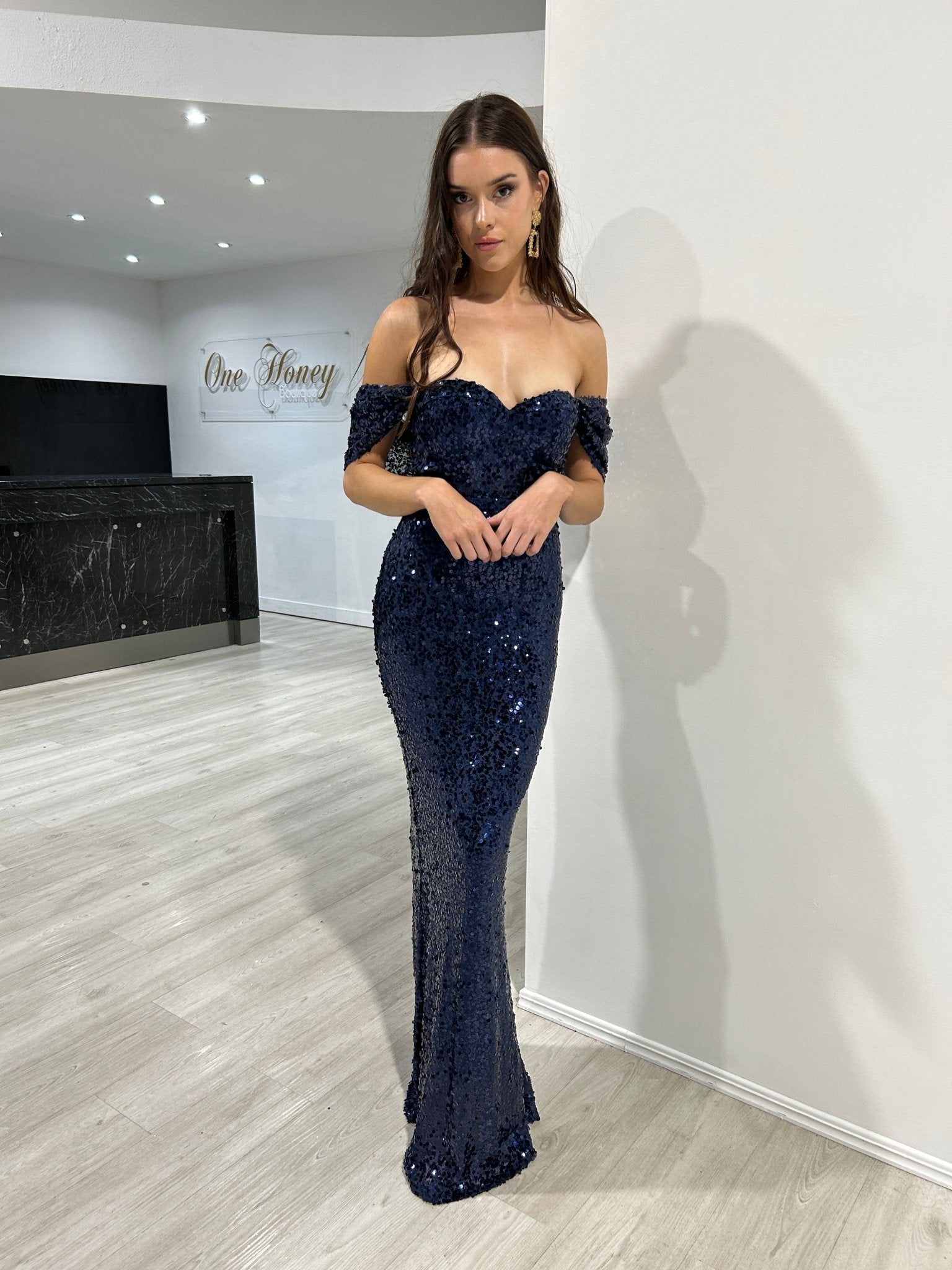 Honey Couture COLLEN Navy Off The Shoulder Mermaid Evening Dress in Australia | One Honey Boutique