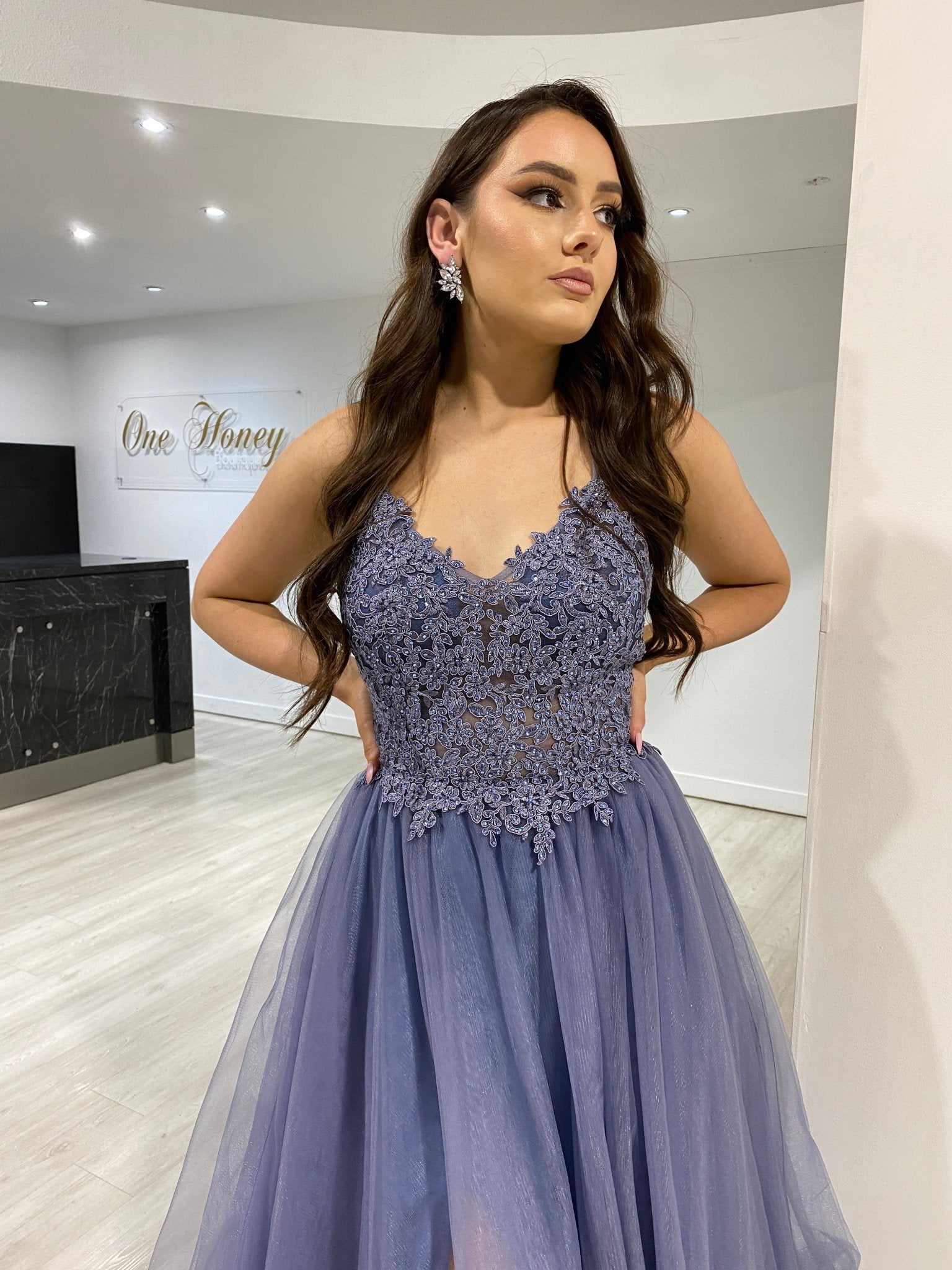 Honey Couture NORAN Smokey Purple Diamanté Tulle Corset Back Formal Gown Dress in Australia | One Honey Boutique