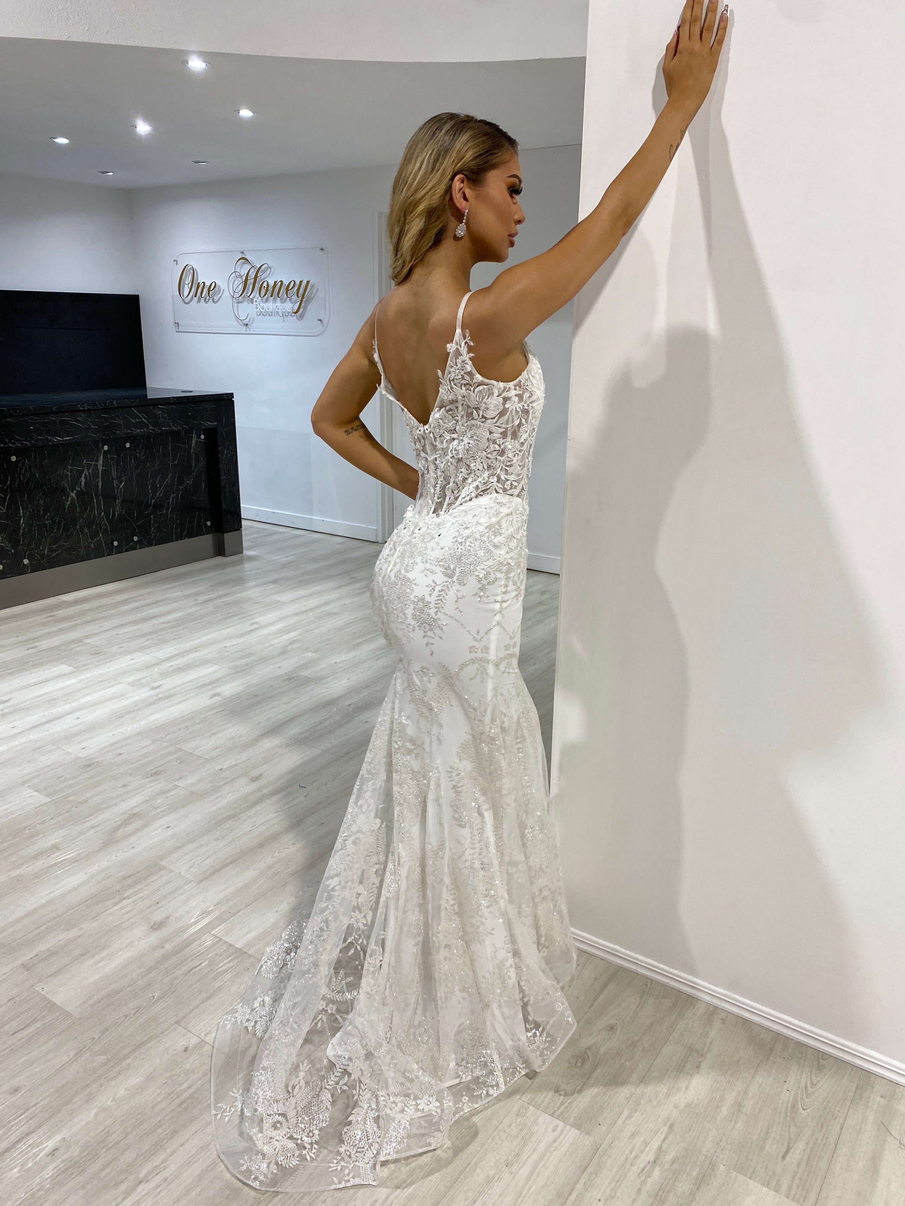 Honey Couture VALENTINA Off White Sequin Corset Mermaid Formal Gown Dress