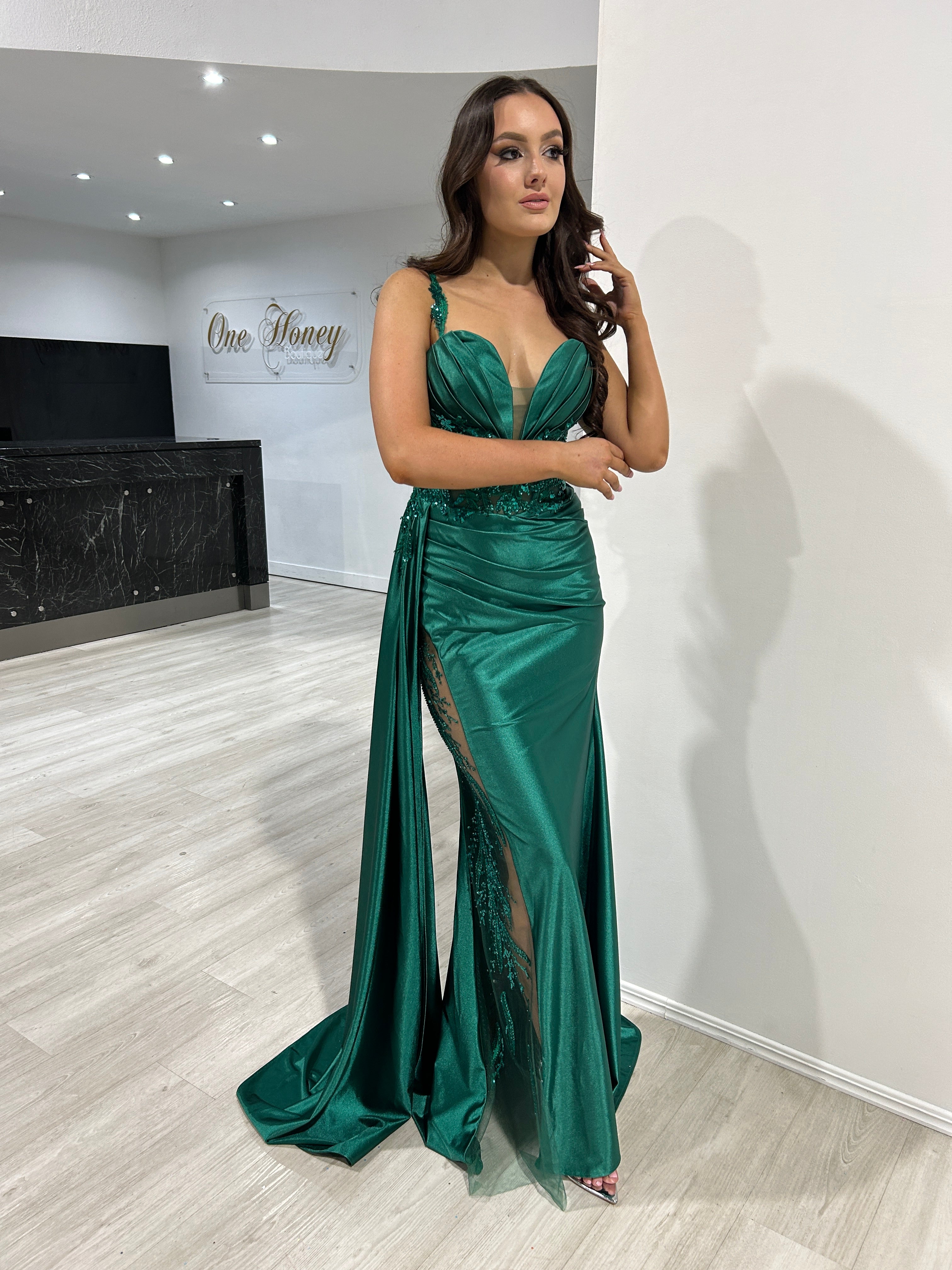 ANTONIA Embellished Corset Satin Mermaid Formal Dress with lace waistline and beaded slit, evening gown. Brisbane to Gold Coast