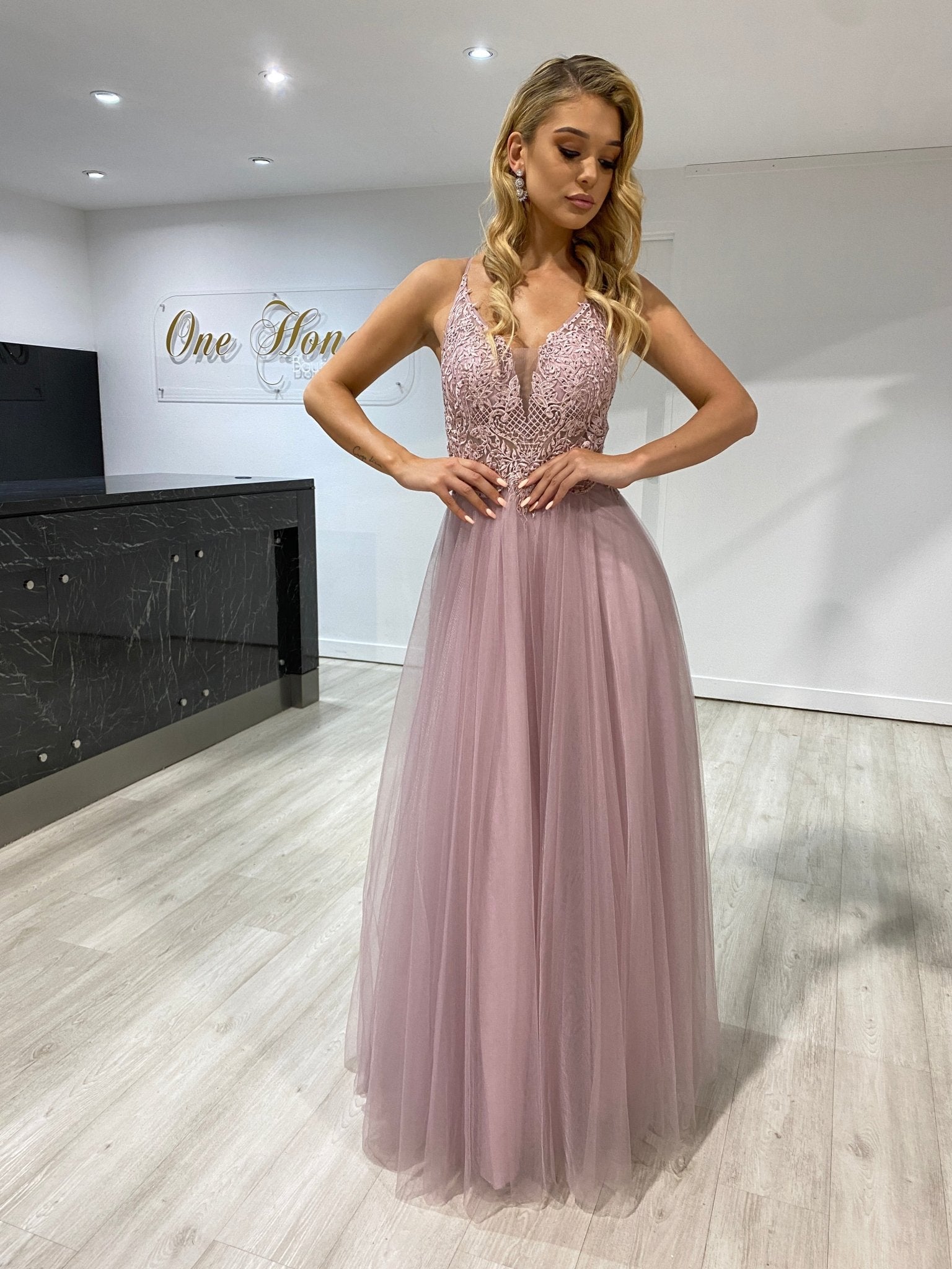 Honey Couture INEZ Blush Pink Tulle Lace Gown Formal Dress in Australia | One Honey Boutique