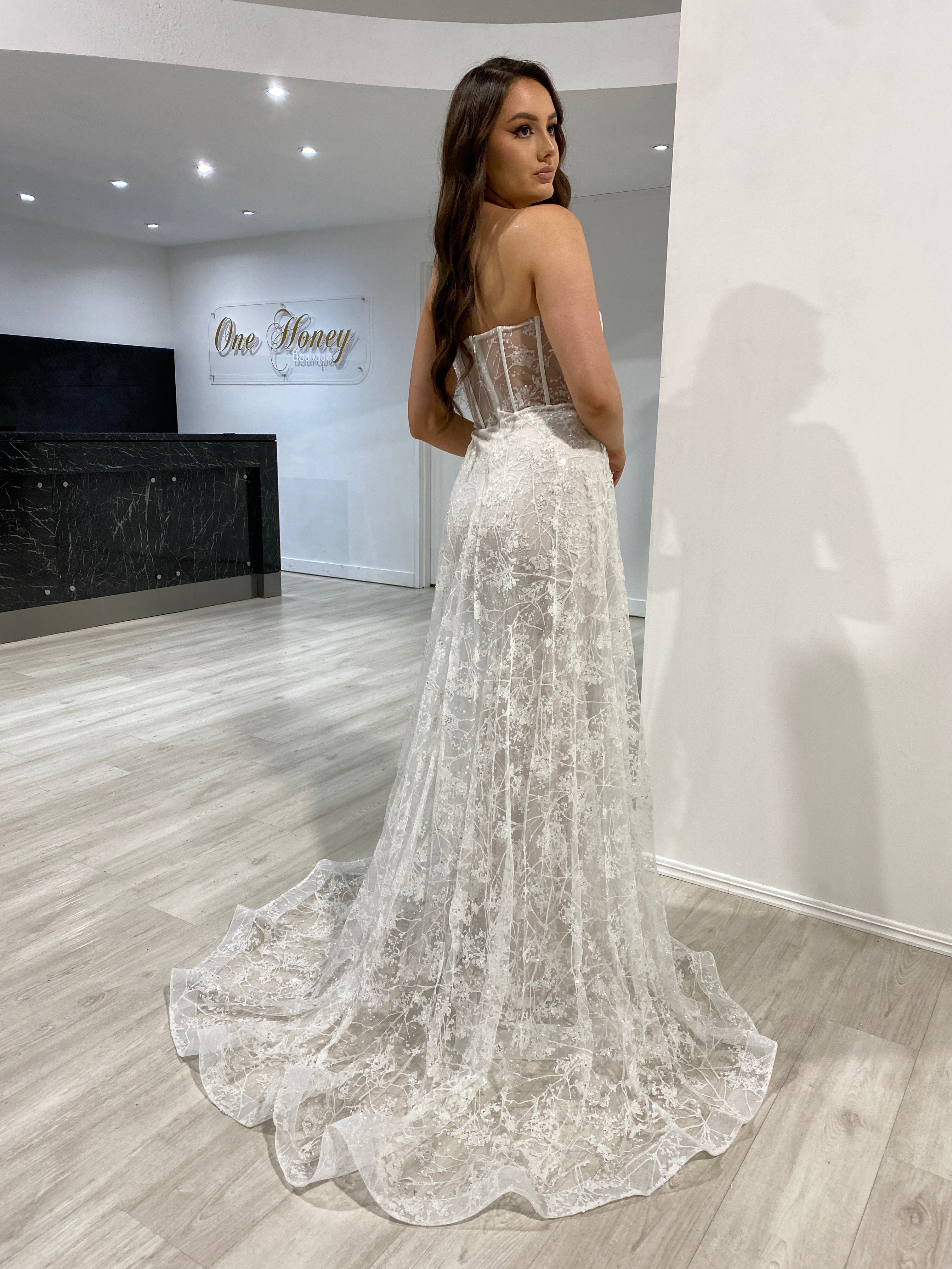 Honey Couture ASTRA off white strapless corset formal dress with overskirt, Australian designer bridal evening gown.