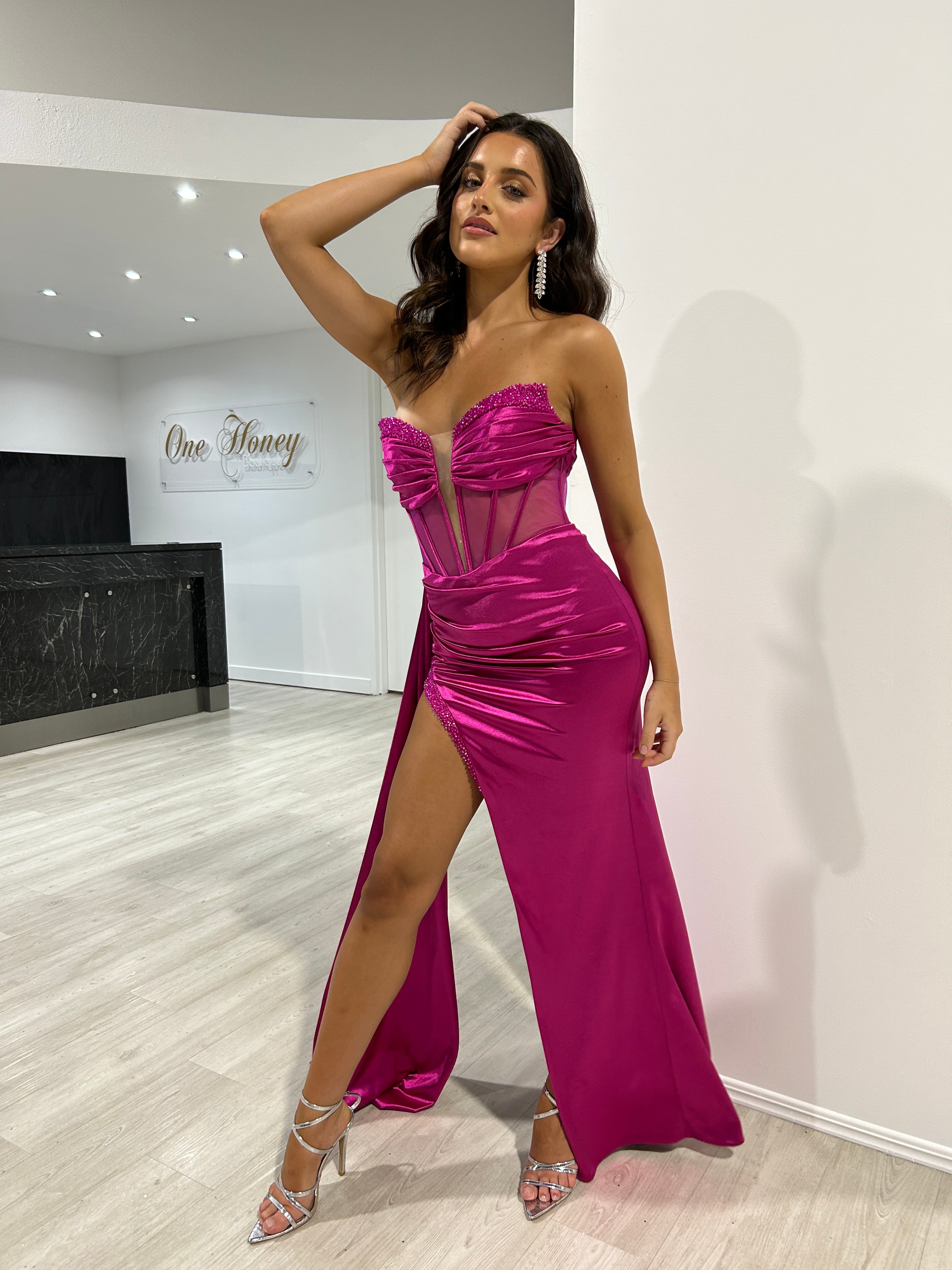 Honey Couture FINA Magenta Strapless Satin Diamanté Detail Corset Bustier Formal Dress