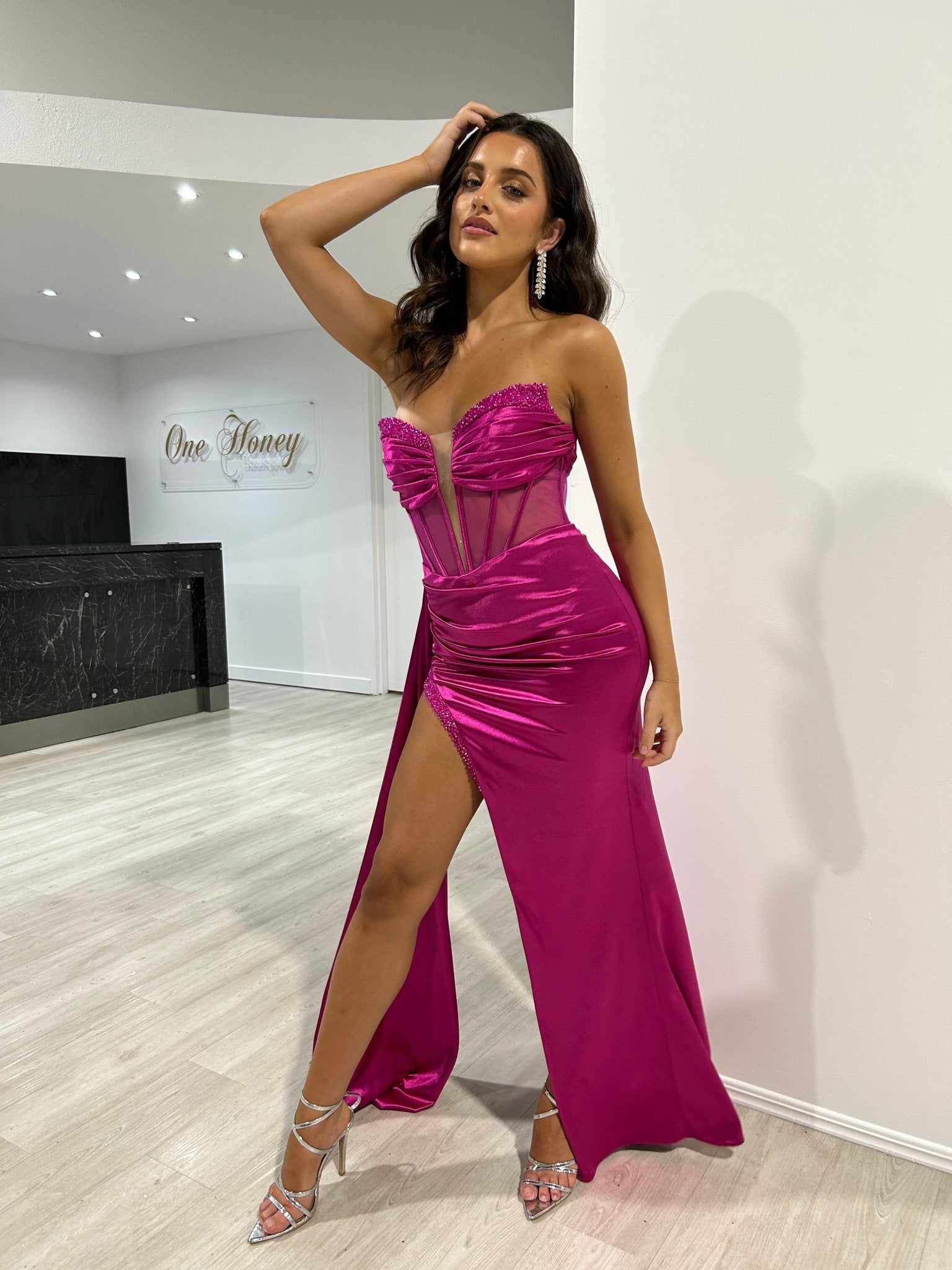 FINA Strapless Satin Diamanté Detail Corset Bustier Formal Dress in Australia | One Honey Boutique