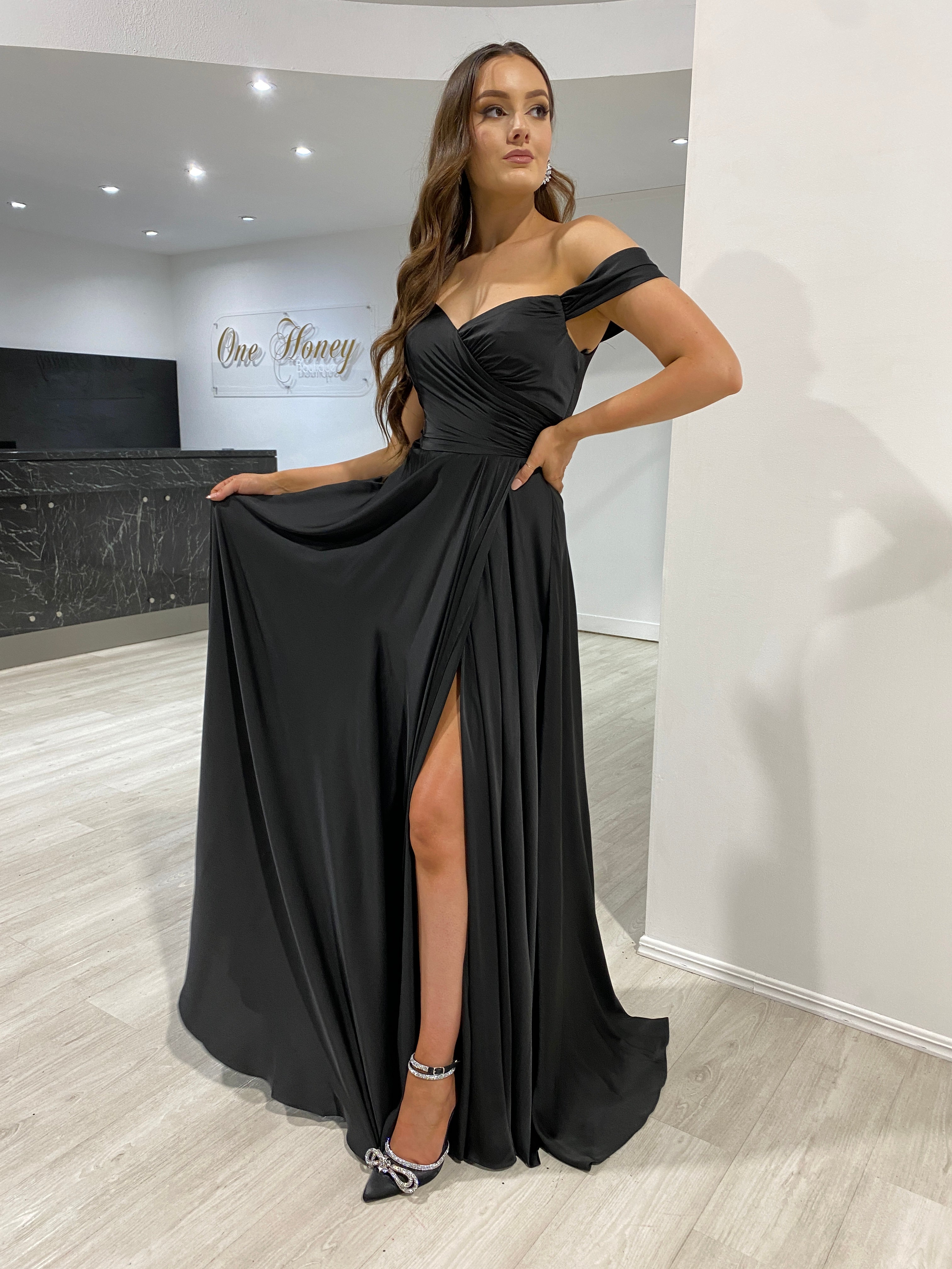 AURA Off the Shoulder Silky A-Line Dress with Ruched Bodice and Thigh Slit. Elegant formal gown for bridesmaids. Brisbane to Gold Coast.