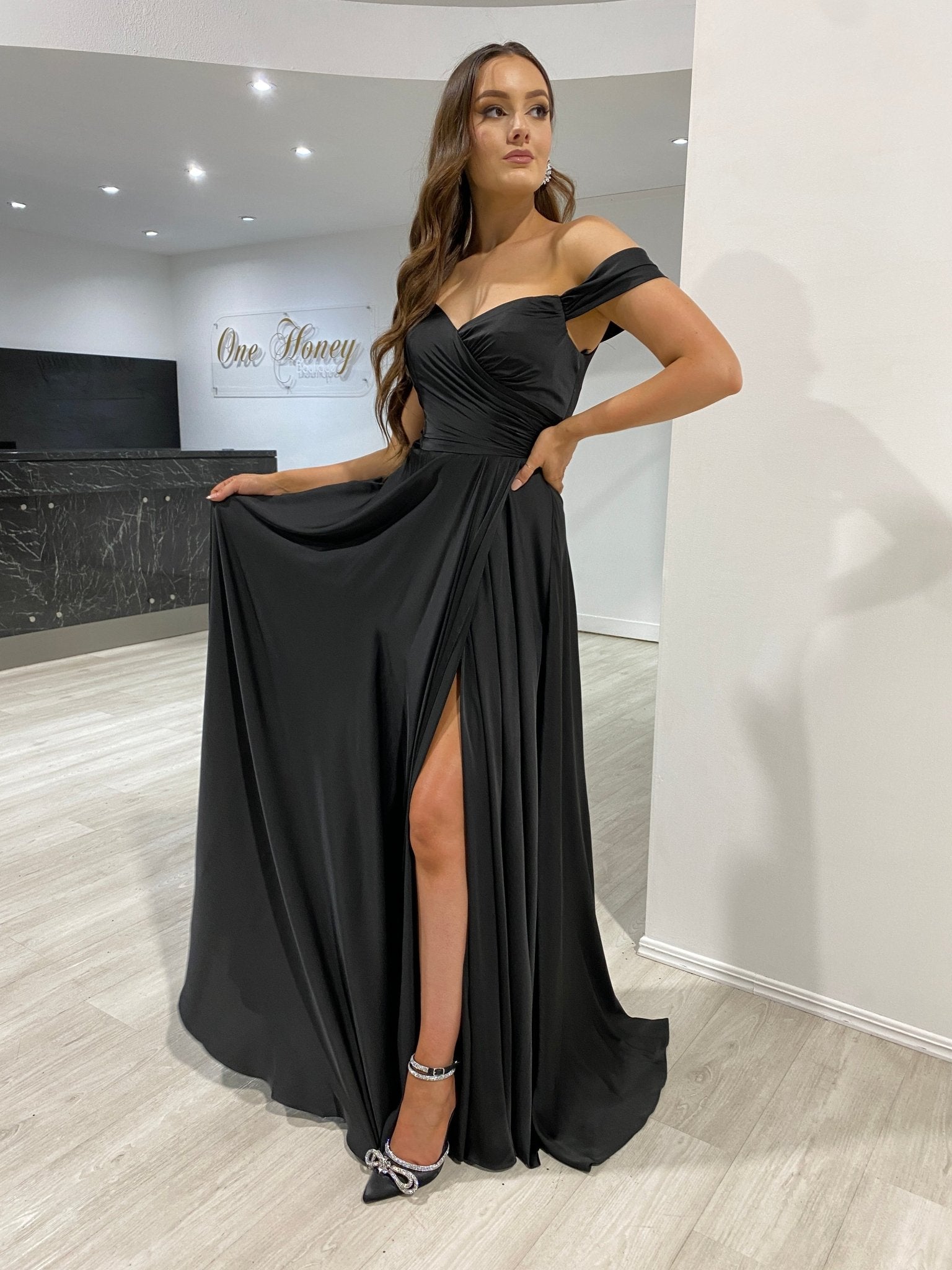 AURA Off the Shoulder Silky A Line Bridesmaid Formal Dress in Australia | One Honey Boutique
