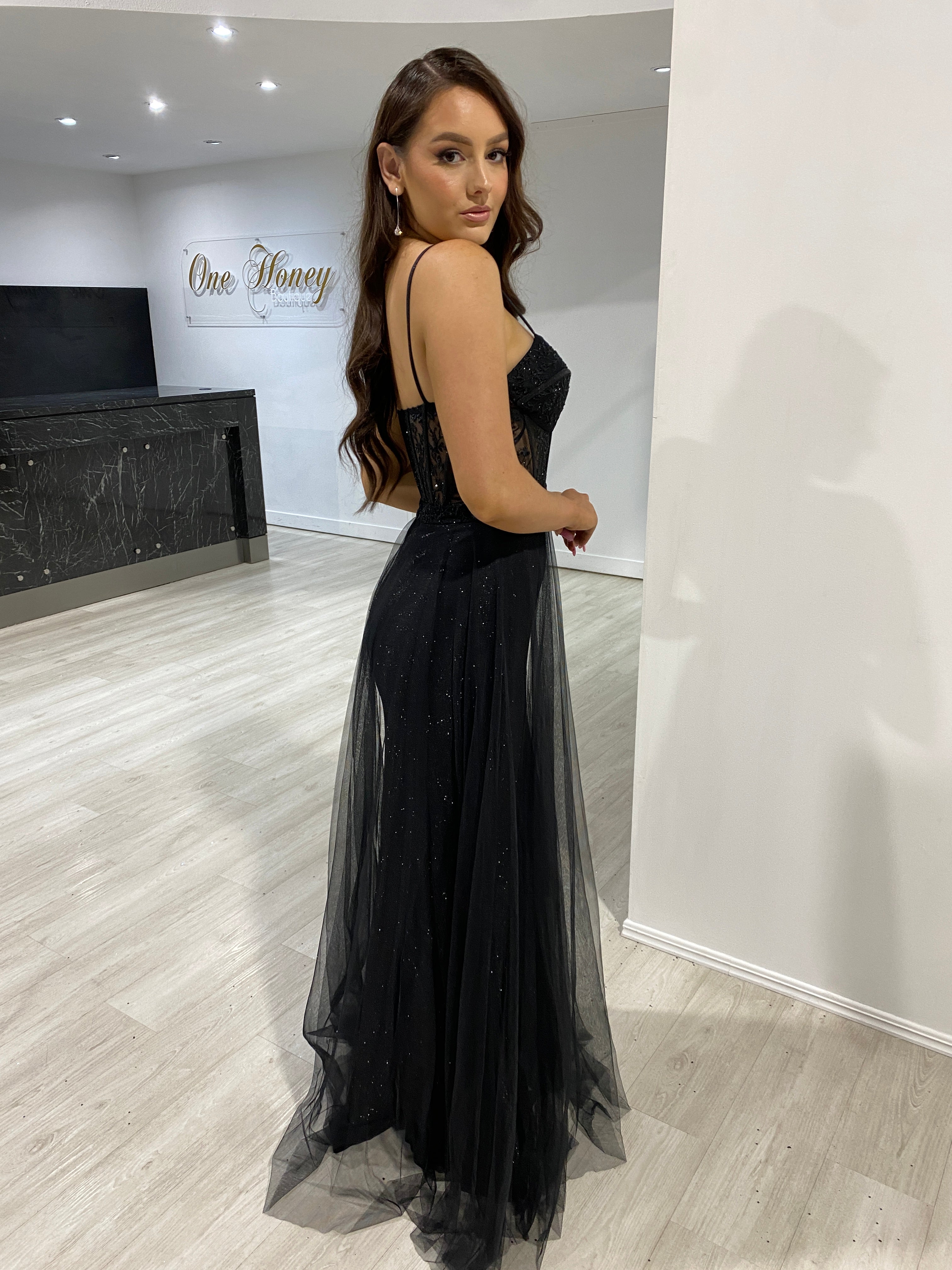 Honey Couture NOELLA Black Glitter Tulle Bustier Formal Dress