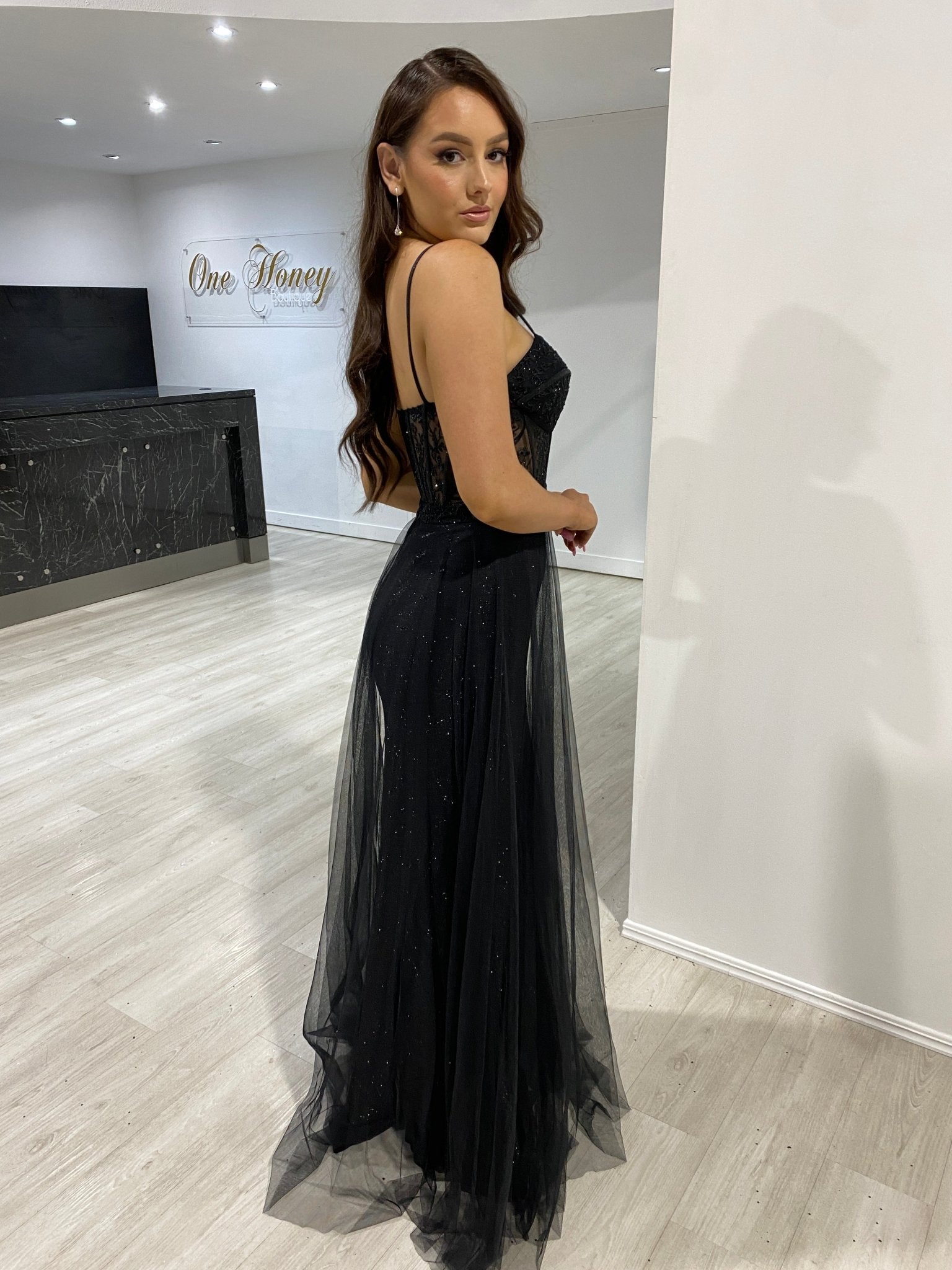 Honey Couture NOELLA Black Glitter Tulle Bustier Formal Dress in Australia | One Honey Boutique