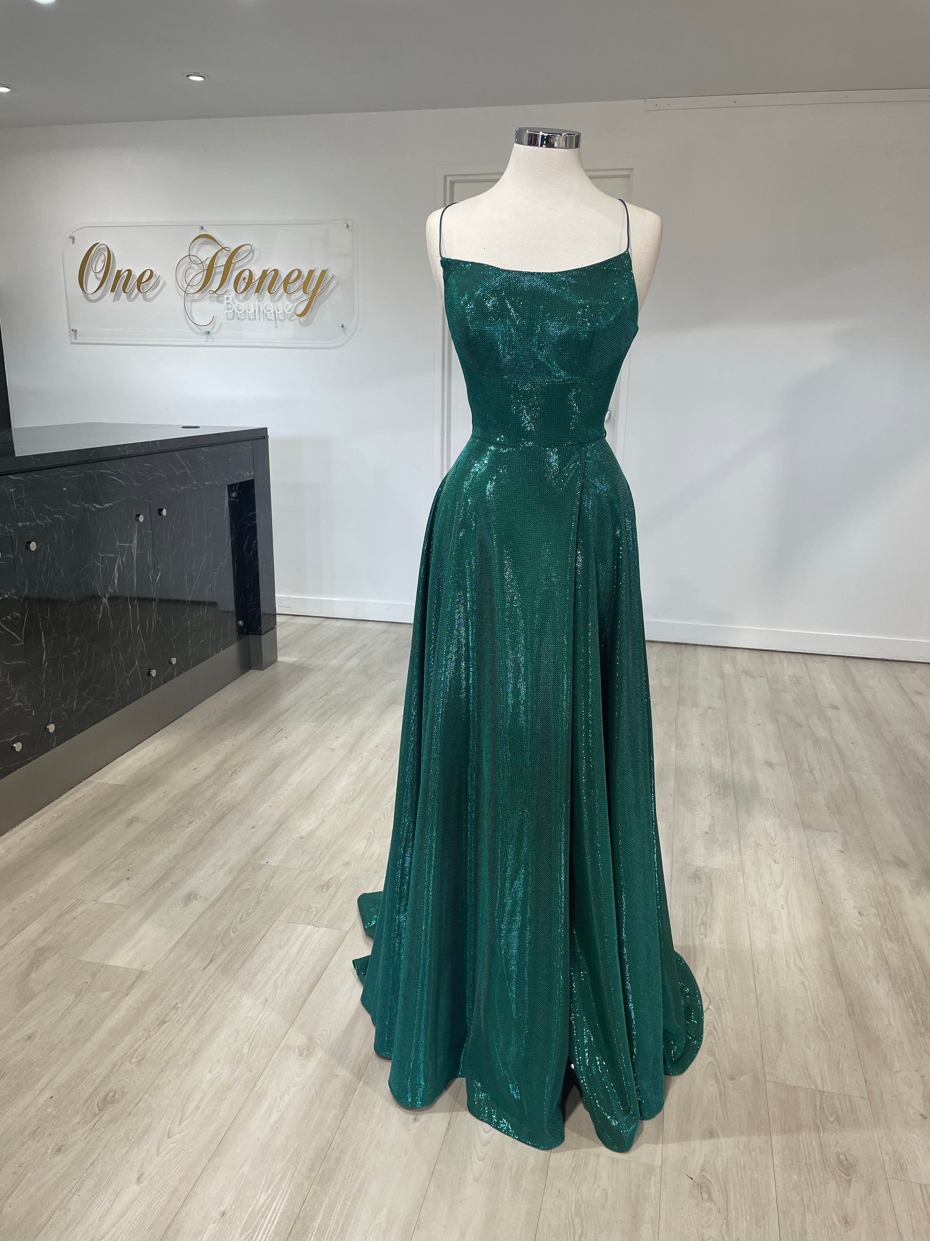 Honey Couture KYLA emerald green formal gown with corset back, leg split, and shimmer fabric by Australian Designer. Ideal for prom and evening events.