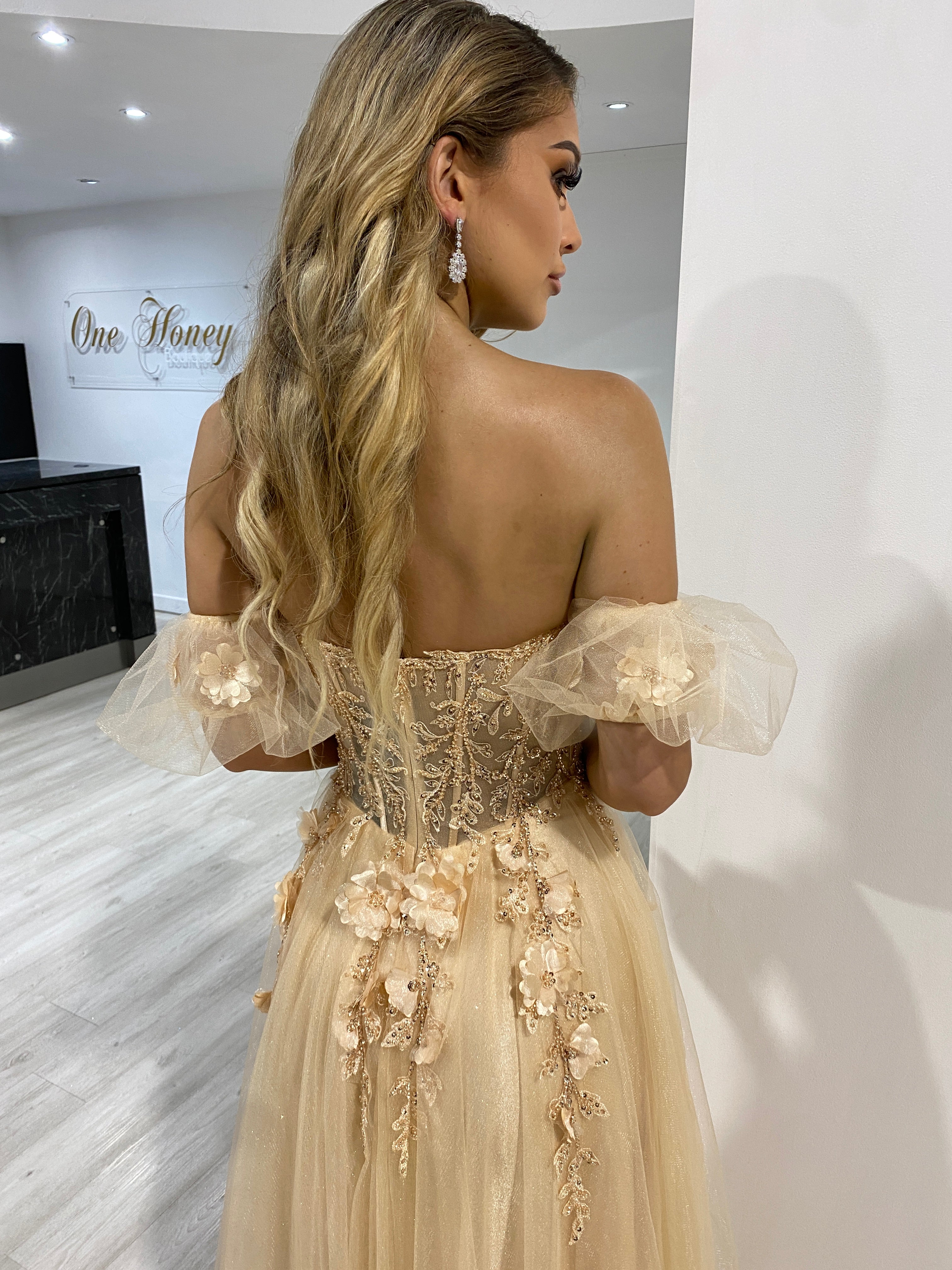 BLOOM lace bustier tulle formal dress with floral appliques, worn as an evening gown. Brisbane to Gold Coast, Australia.