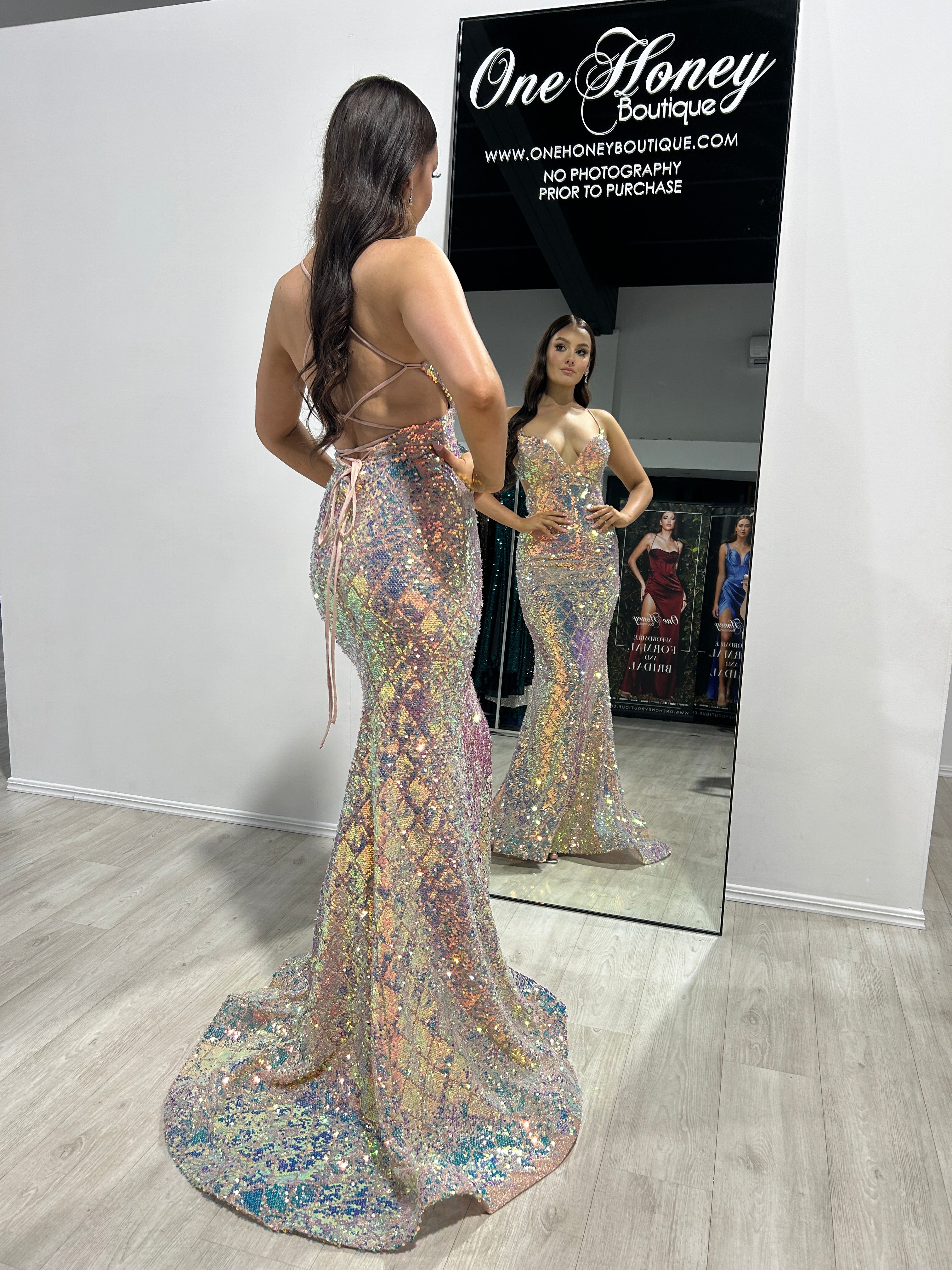Honey Couture EMPRISS Opal Blush Sequin Mermaid Evening Gown with lace-up back, perfect for prom and special occasions. Australian Designer Label.