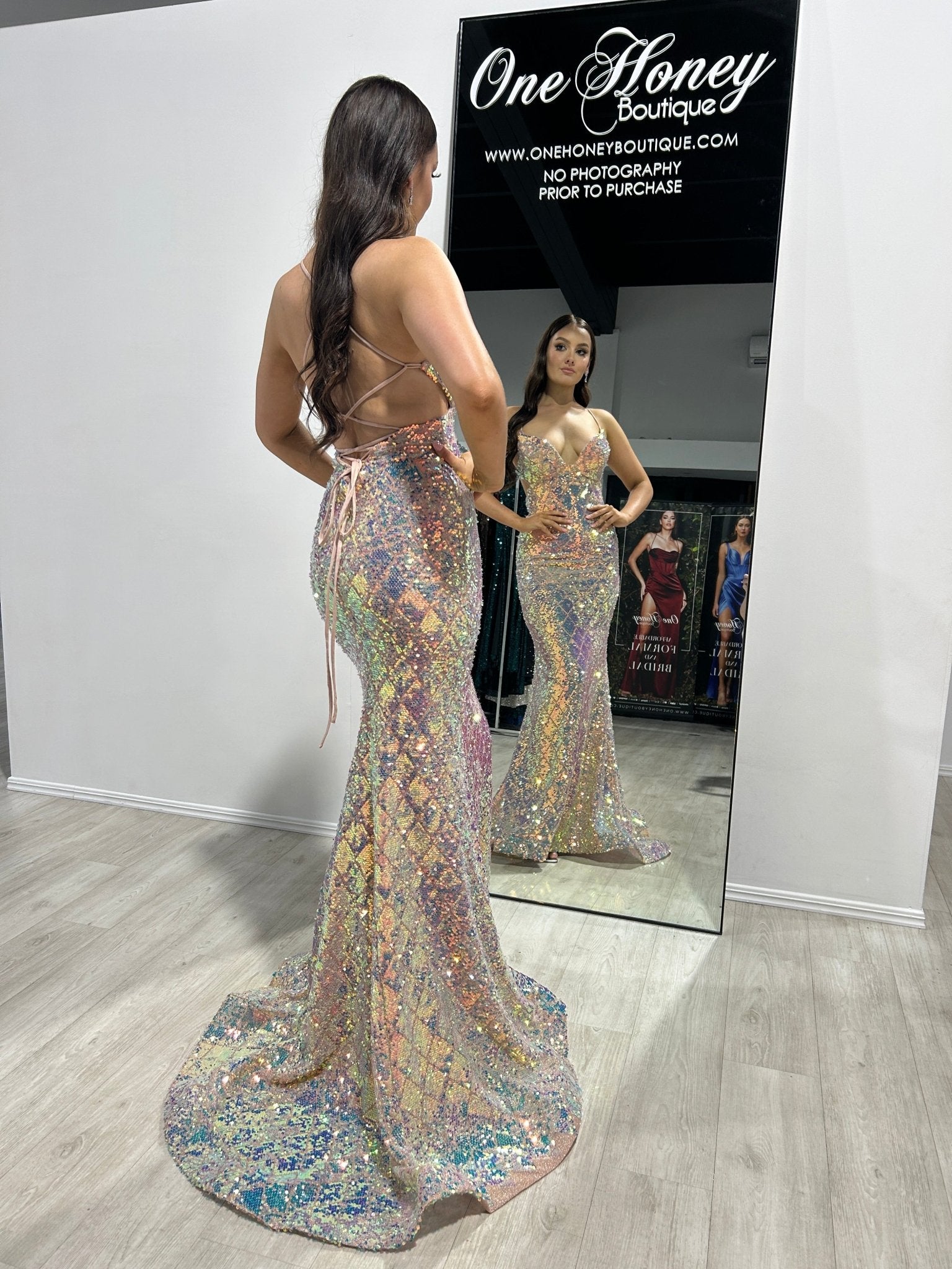 Honey Couture EMPRISS Opal Blush Sequin Mermaid Evening Gown Dress in Australia | One Honey Boutique