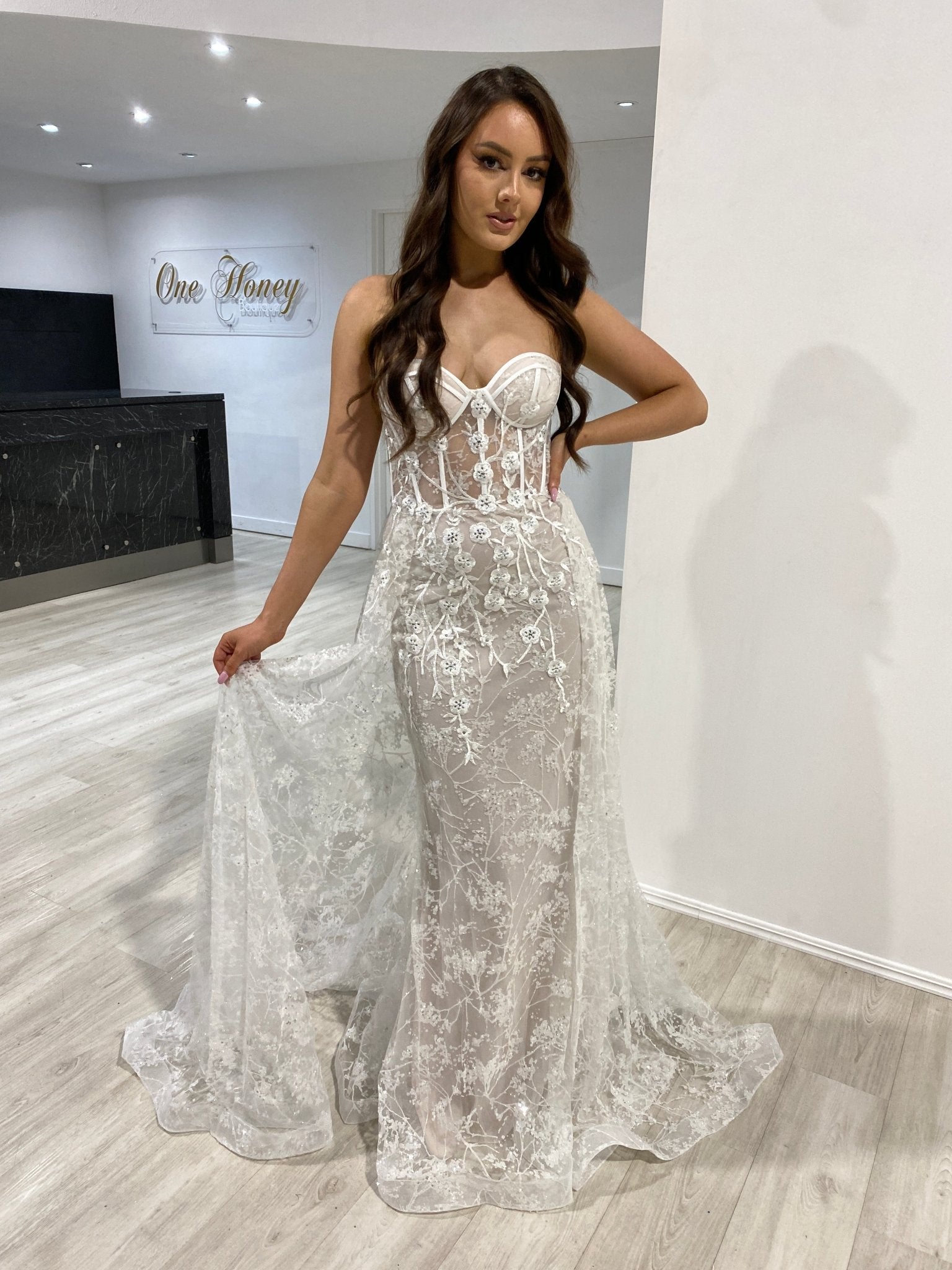 Honey Couture ASTRA Off White Strapless Corset Bridal Overskirt Formal Dress in Australia | One Honey Boutique