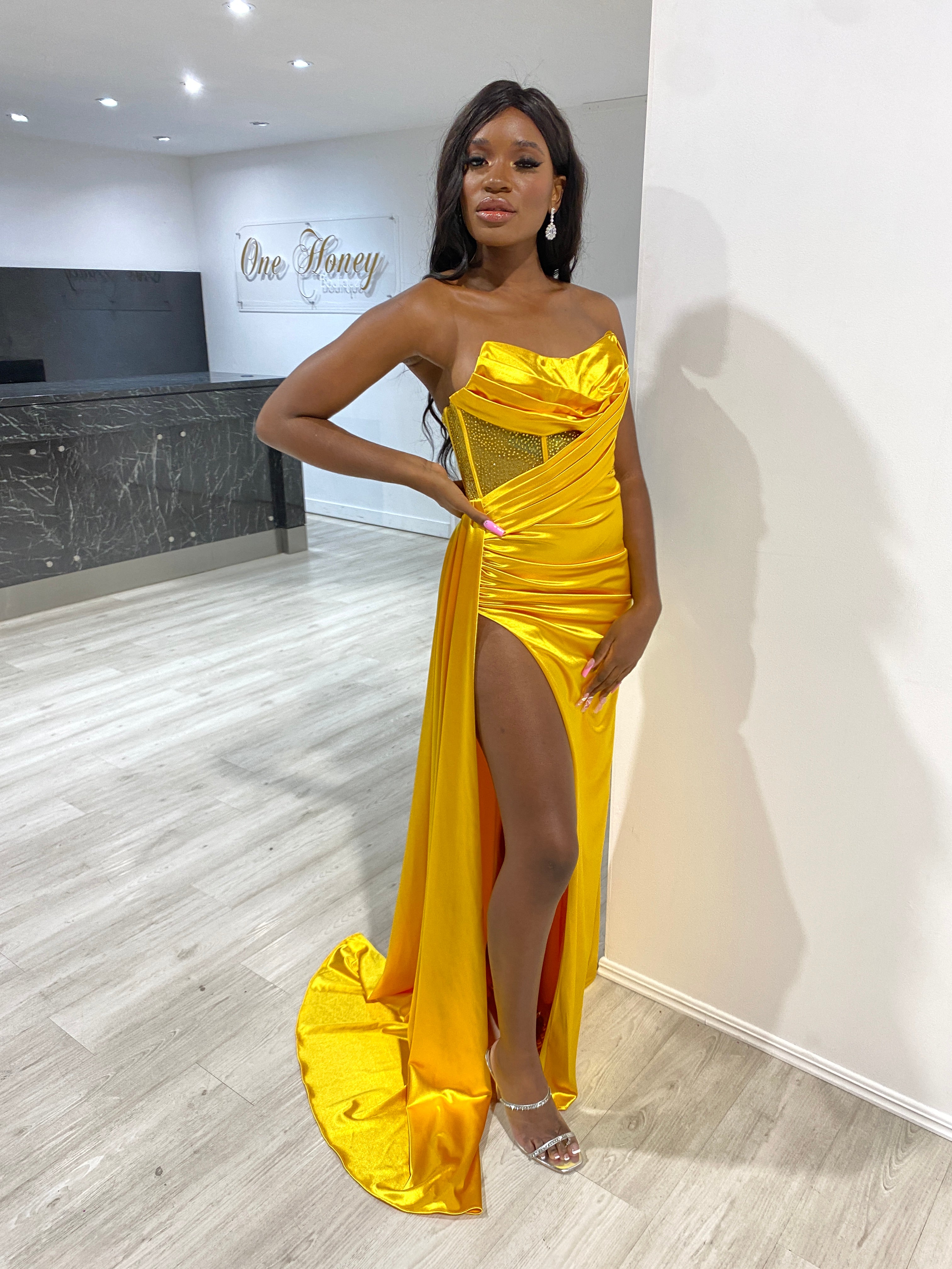 Honey Couture GIGI Neon Yellow Corset Sparkle Bustier Strapless Mermaid Formal Gown Dress