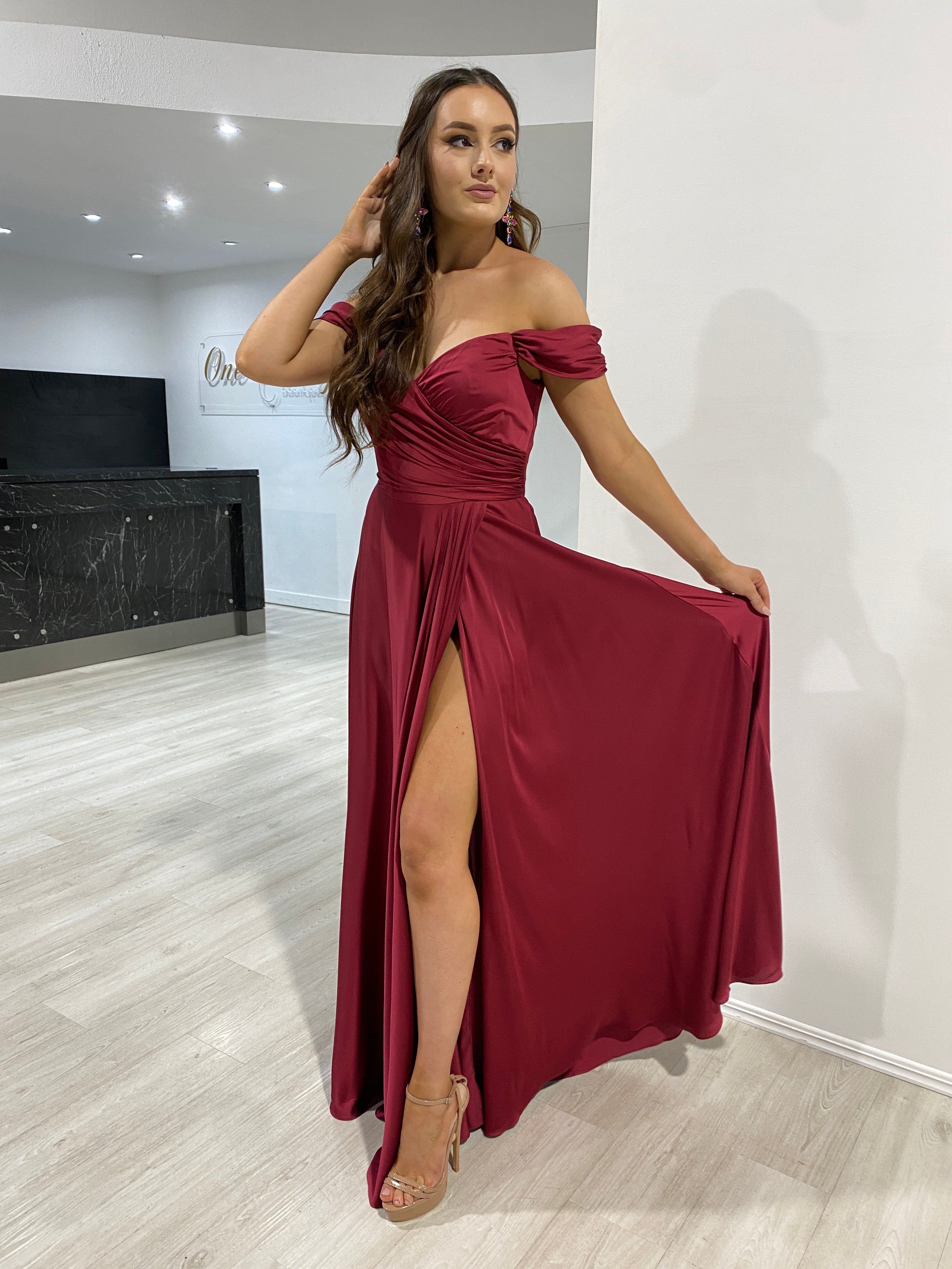 AURA Off Shoulder Bridesmaid Formal Dress with silky A-line design and front slit evening gown. Brisbane to Gold Coast, Australia.