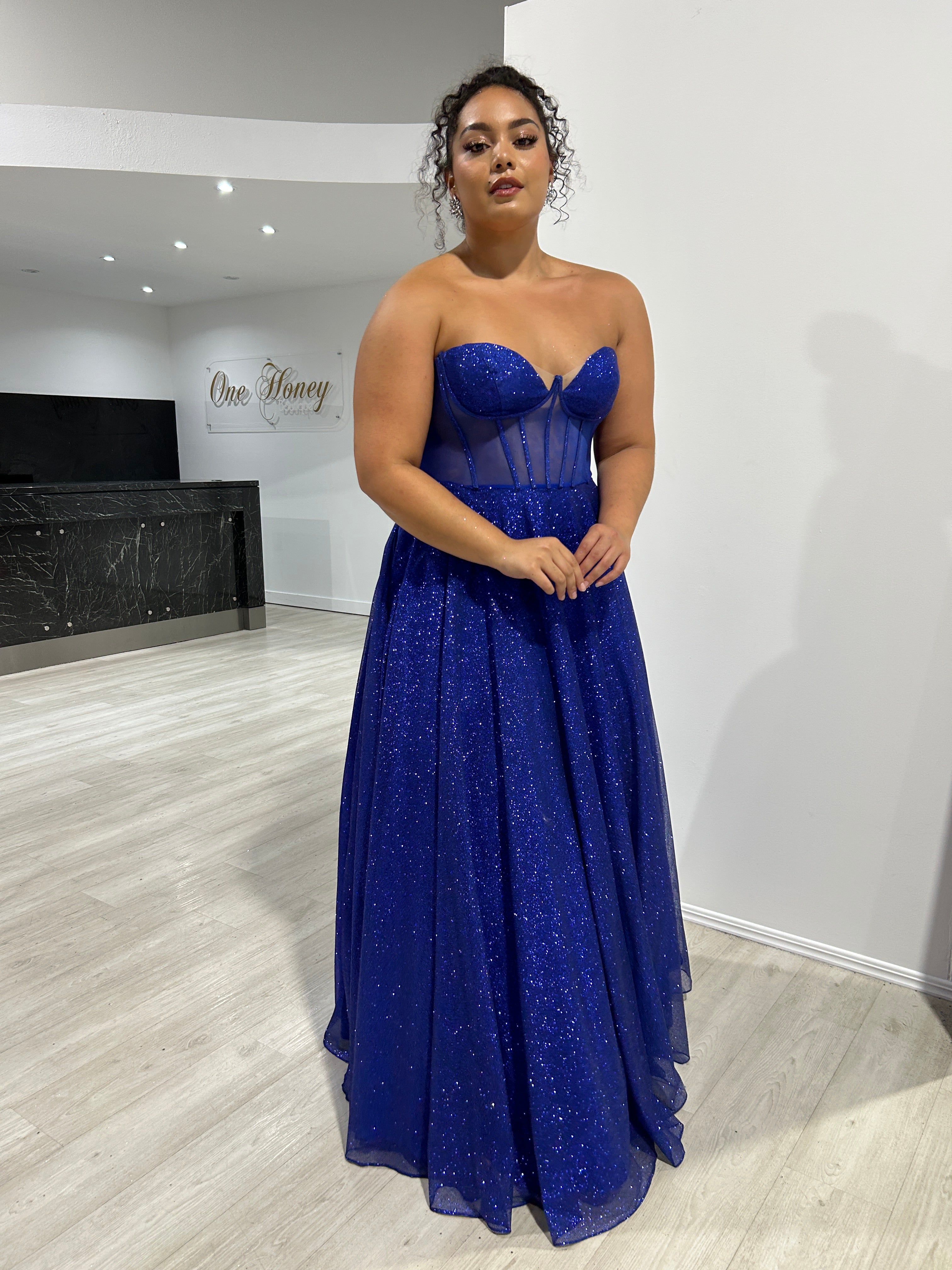 ALOMA Glitter Corset Strapless Formal Dress with sheer boned bodice, ball gown style. Brisbane to Gold Coast, Australia.