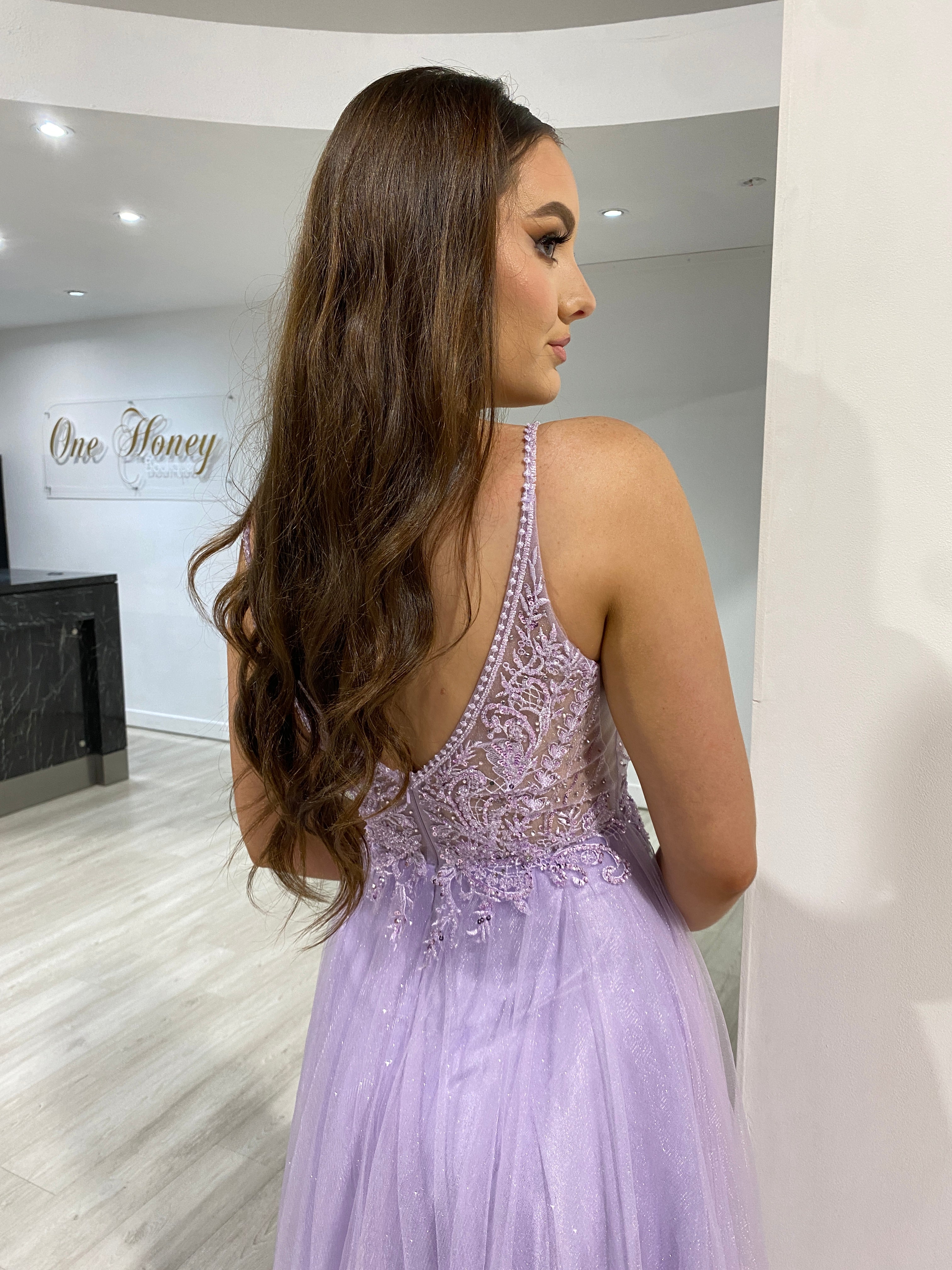 AMORET dress with intricate beaded bodice, flowing tulle skirt, formal gown for prom or evening events, Brisbane to Gold Coast.