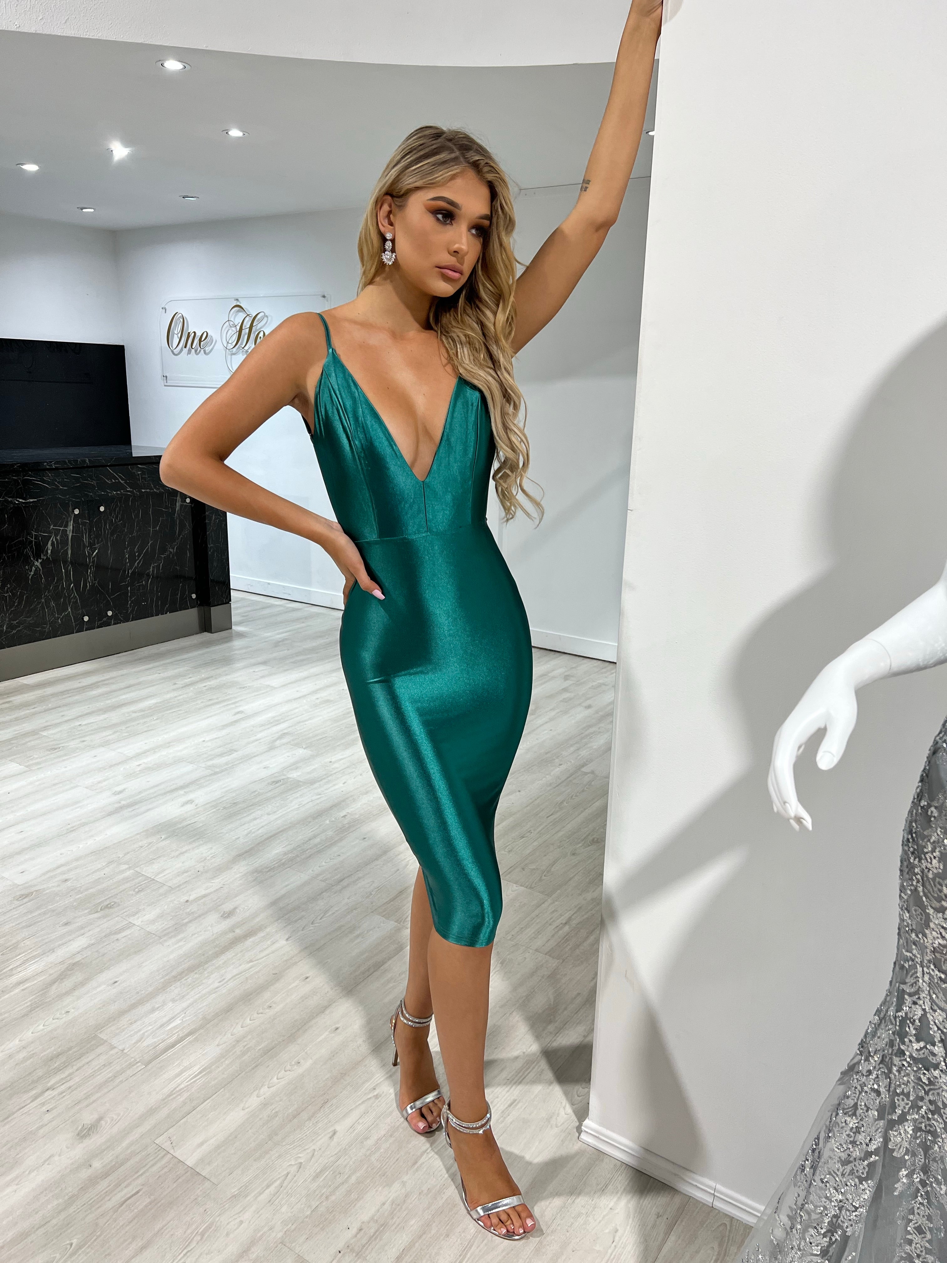 Honey Couture MILEE Emerald Green Low Back Midi Dress - Silky stretch fabric, V front, adjustable straps, perfect for prom or evening.