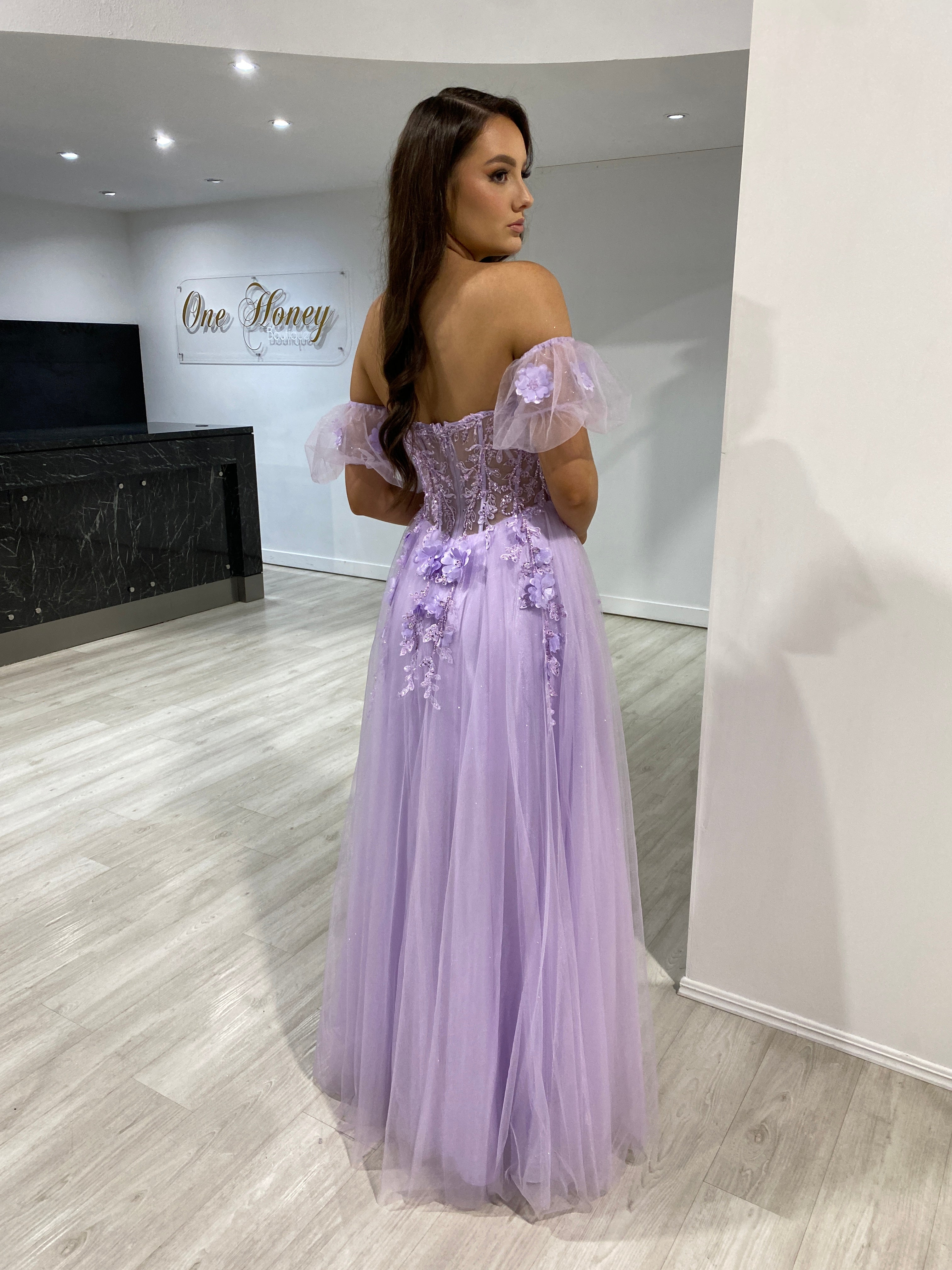 BLOOM Bustier Lace Applique dress with sheer corset bodice and tulle skirt, evening gown. Brisbane to Gold Coast, Australia.