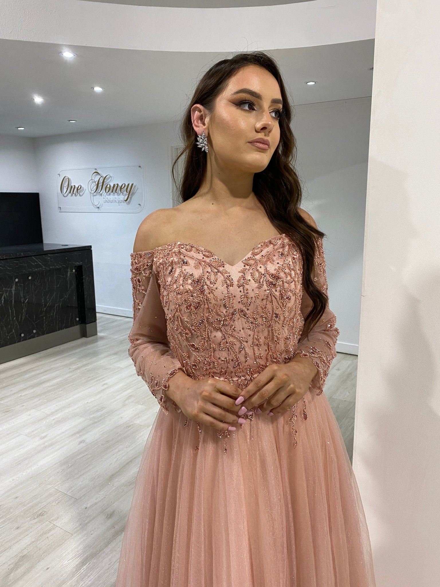 Honey Couture PATRISHA Blush Long Sleeve Beaded Tulle Formal Gown Dress in Australia | One Honey Boutique