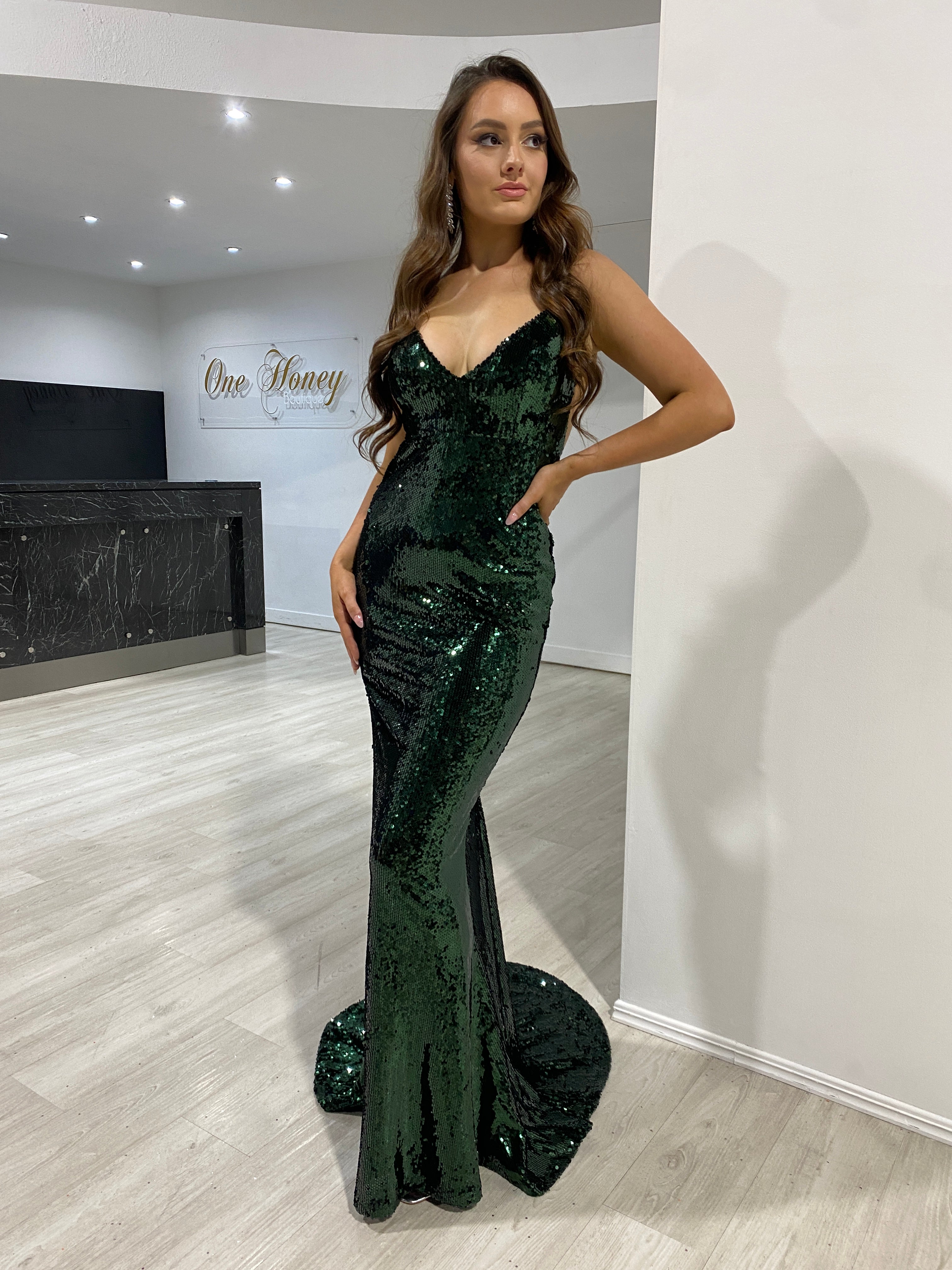 Honey Couture KASIA Emerald Sequin Open Back Mermaid Evening Gown Dress