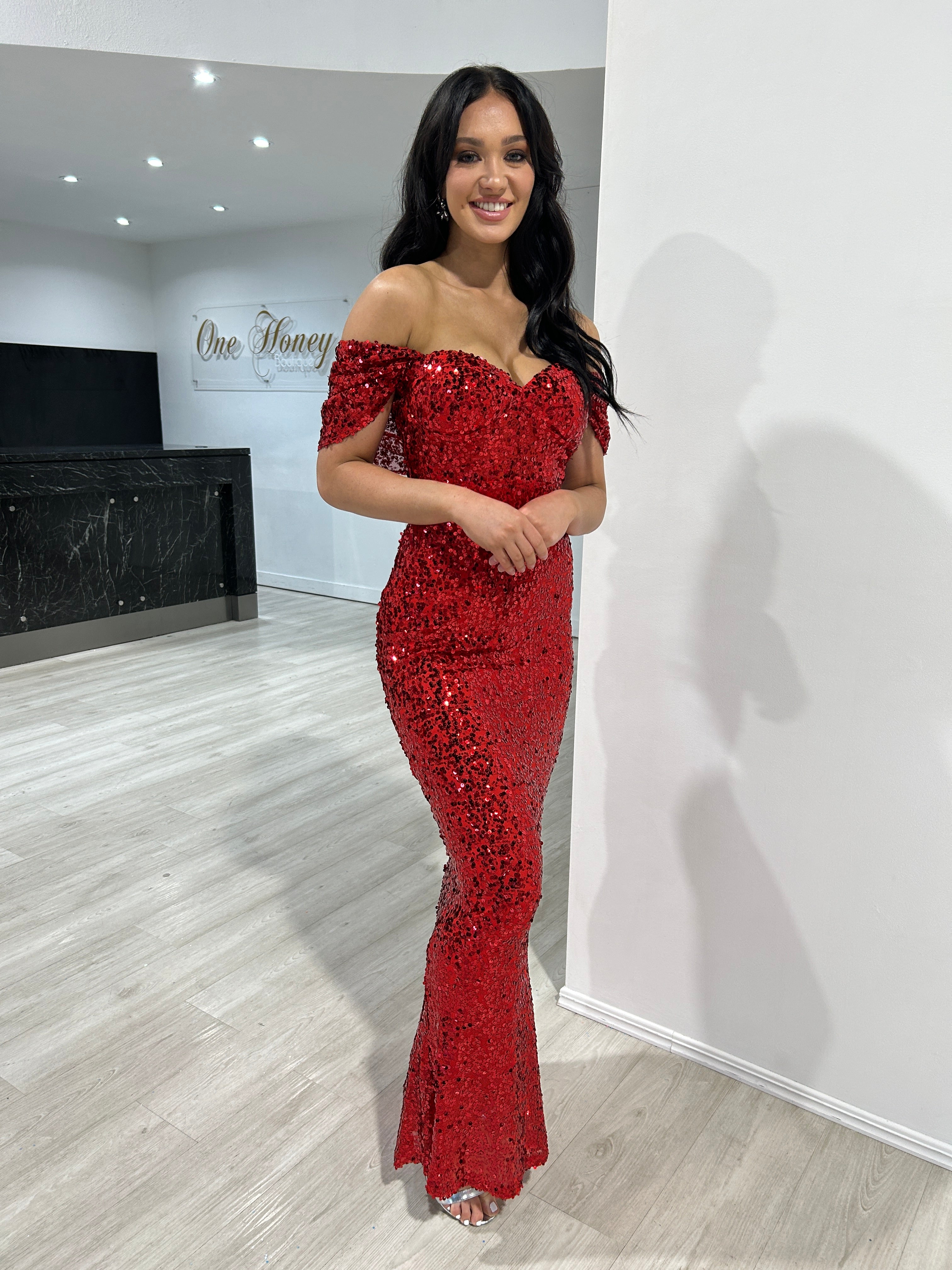 Woman wearing Honey Couture COLLEN Red Off The Shoulder Mermaid Evening Dress, a stylish Australian Designer prom dress.