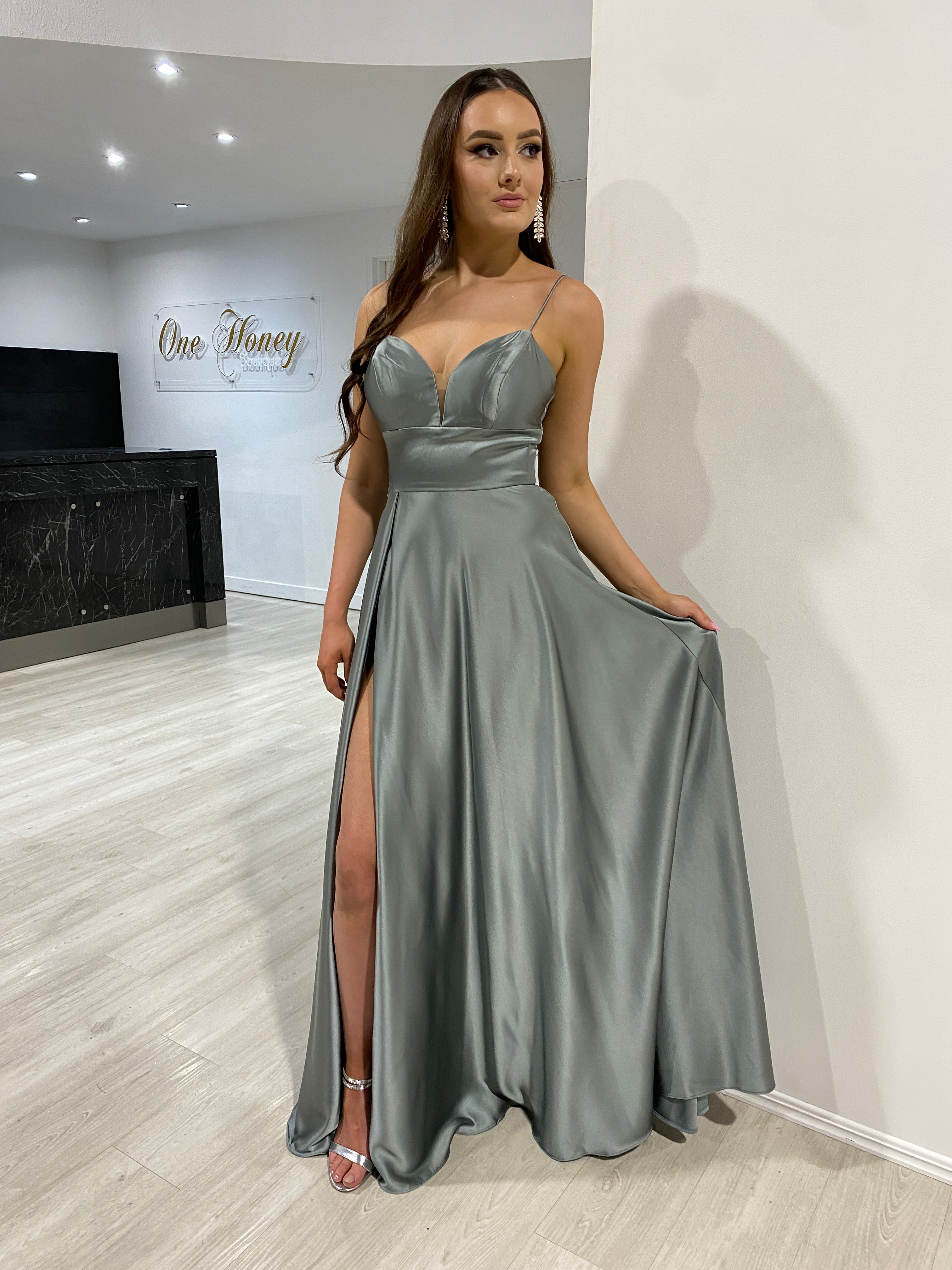 KAY Silky satin A-line dress with sweetheart neckline and leg slit, semi formal bridesmaid gown. Brisbane to Gold Coast, Australia.
