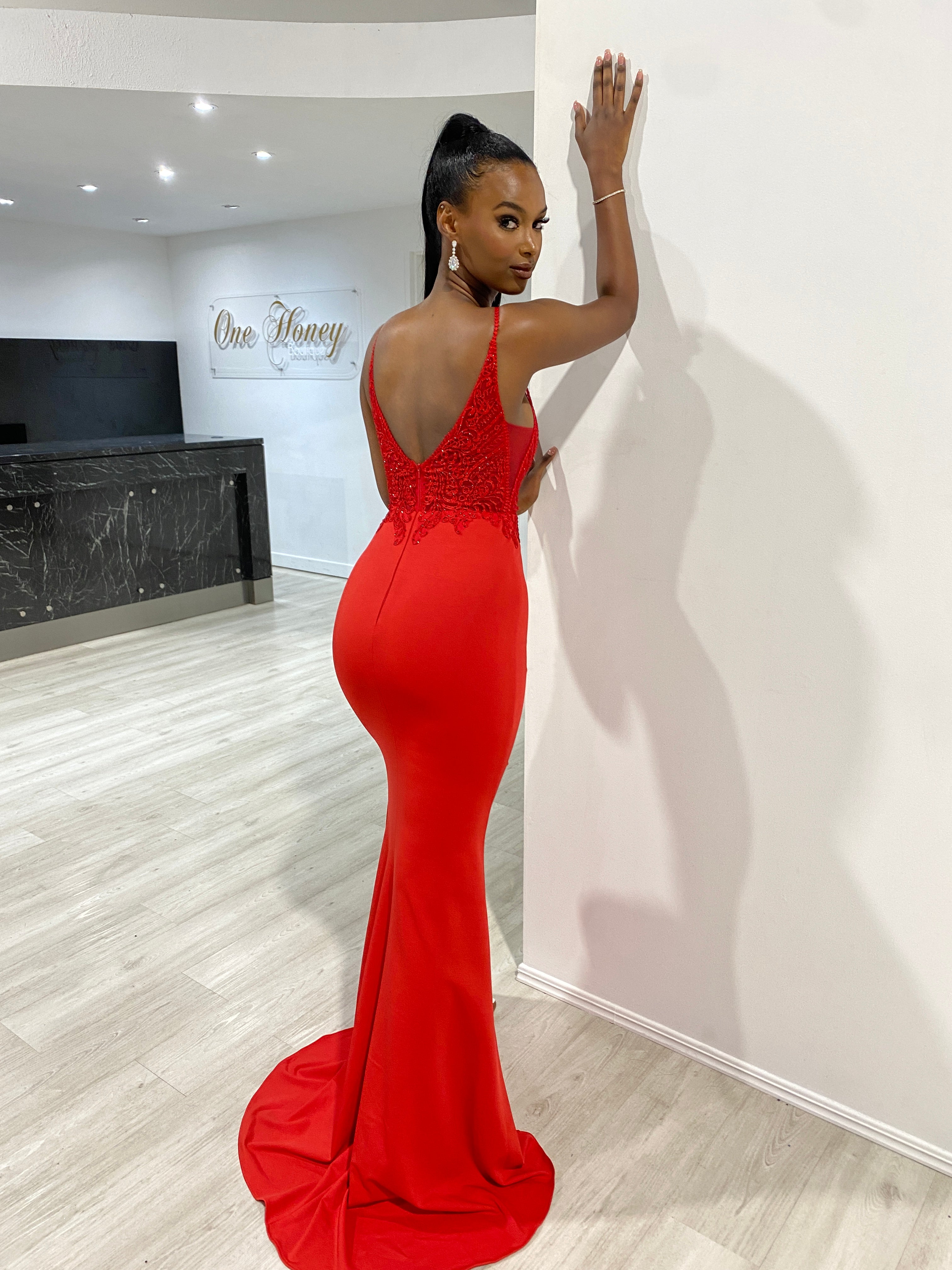 Honey Couture MIREN Red Lace Applique Mermaid Formal Dress