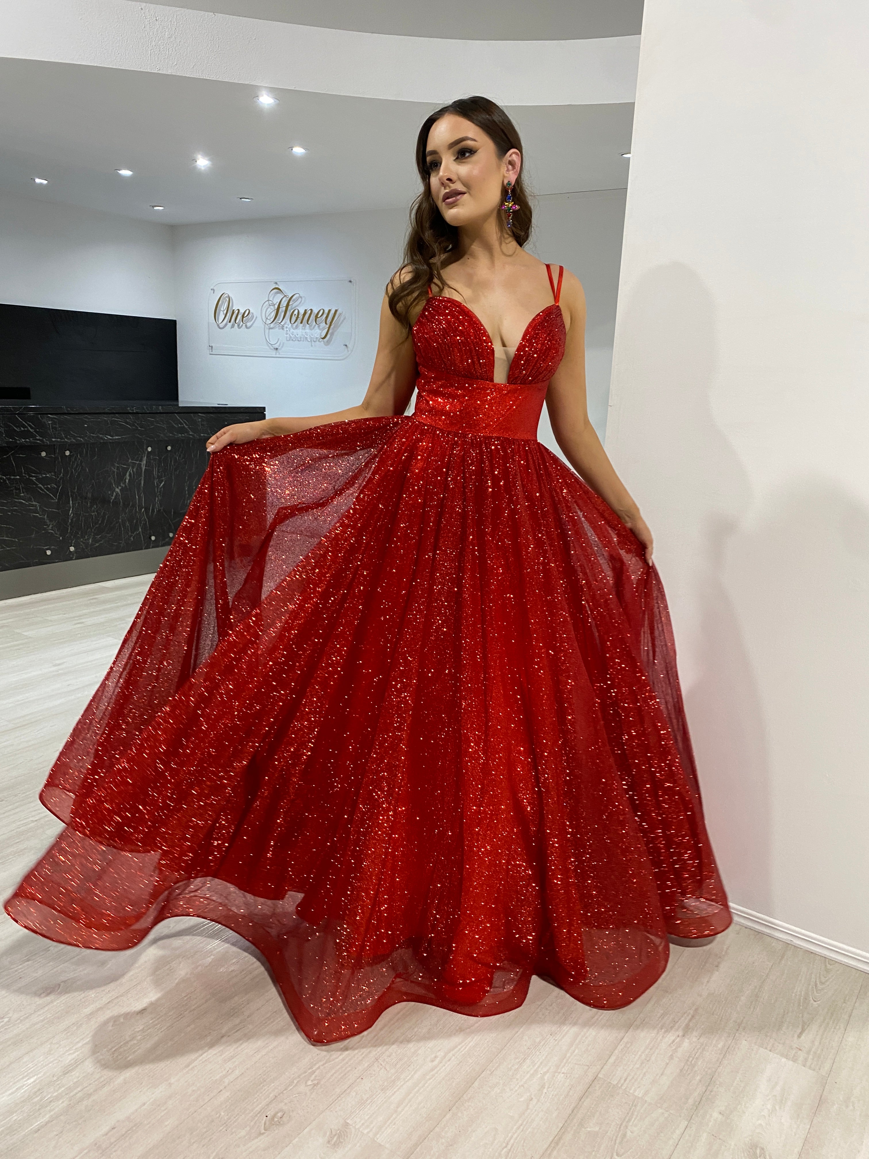 CARMERON glitter ball gown with a lace-up corset and open neckline, perfect for school formal or evening events, Brisbane to Gold Coast.