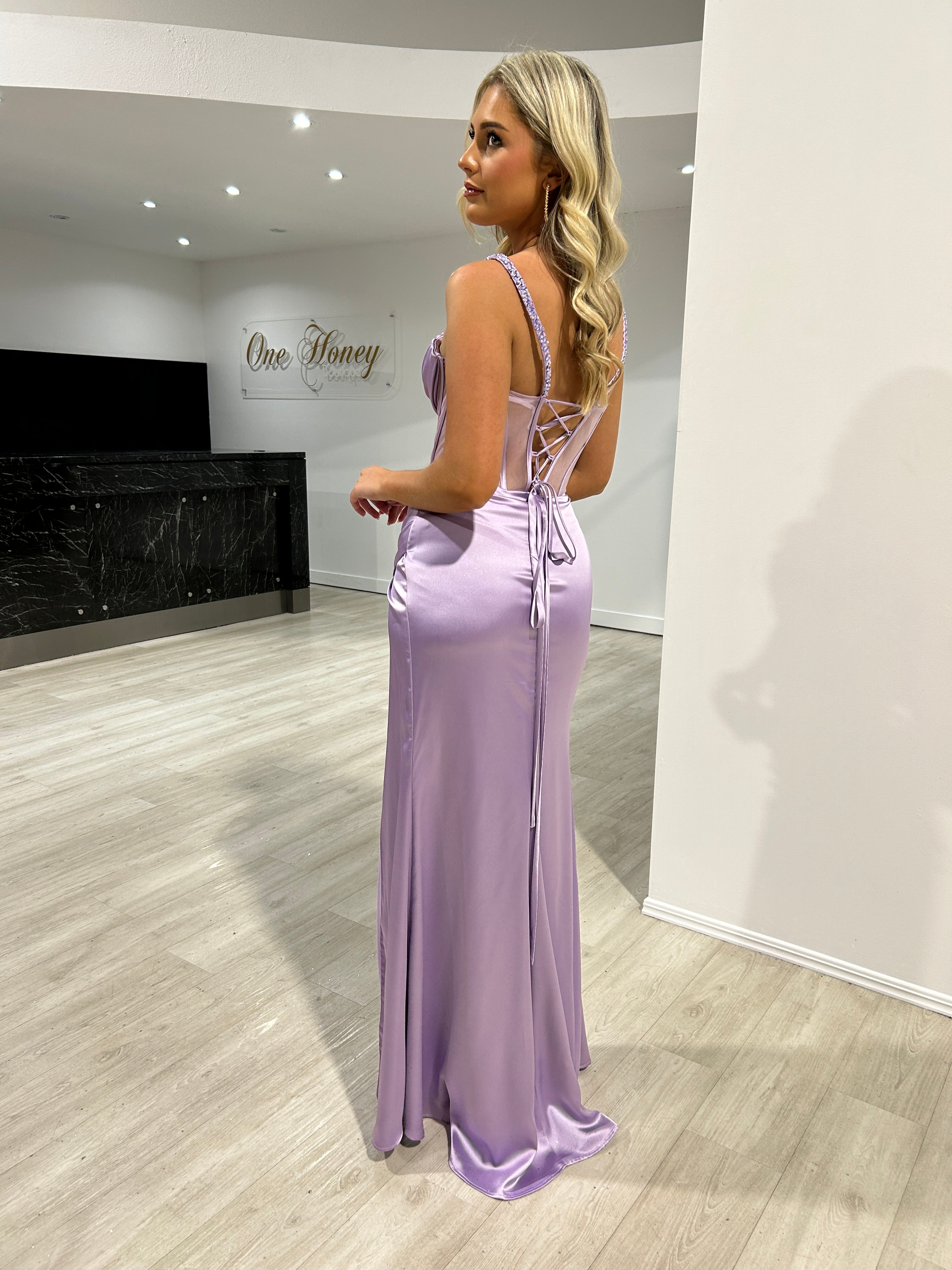 Honey Couture KAT Lavender Satin Beaded Detail Corset Bustier Formal Dress