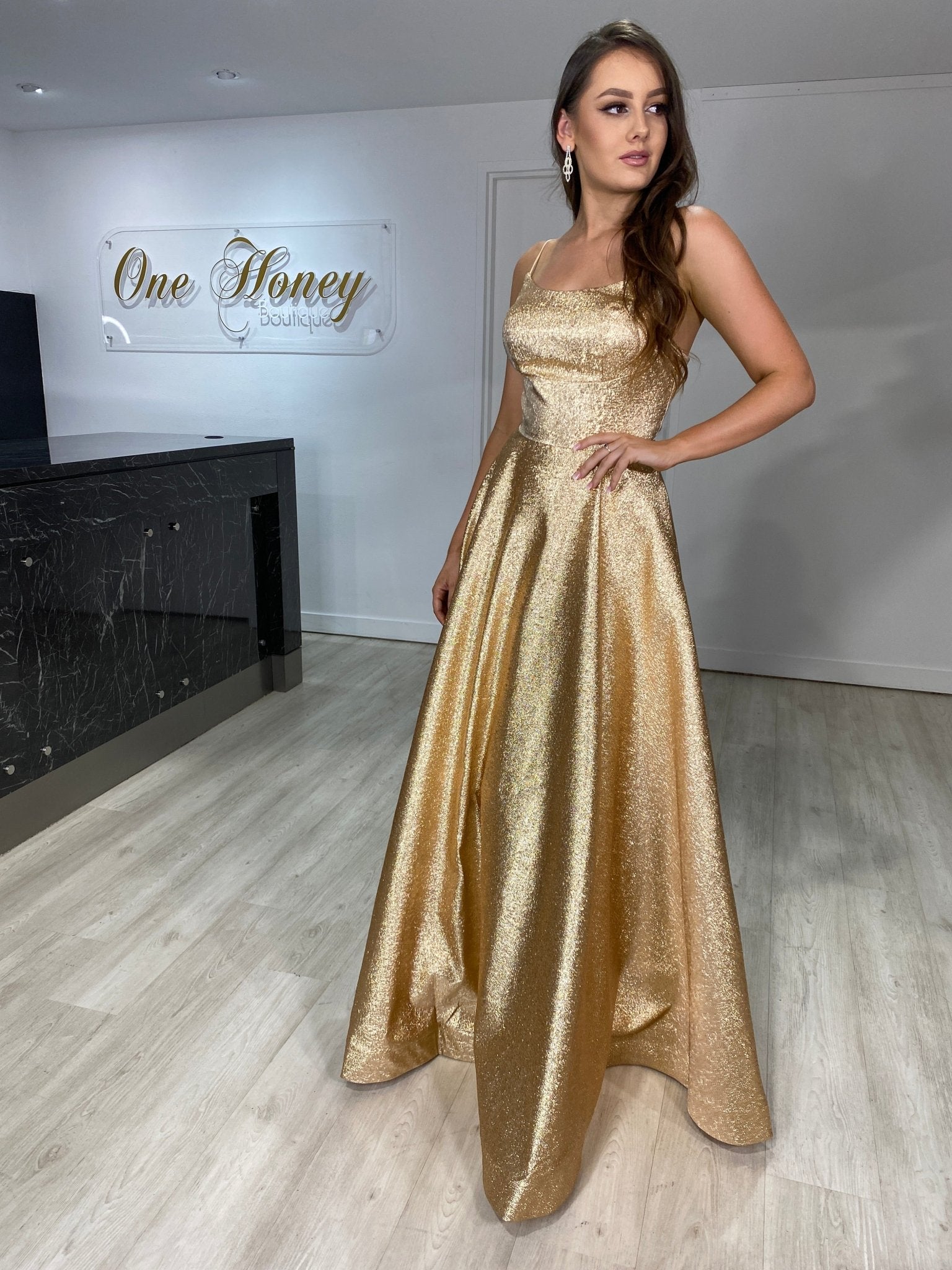 Honey Couture ADORA Gold Metallic Shimmer Lace Up Corset Back Formal Gown Dress in Australia | One Honey Boutique