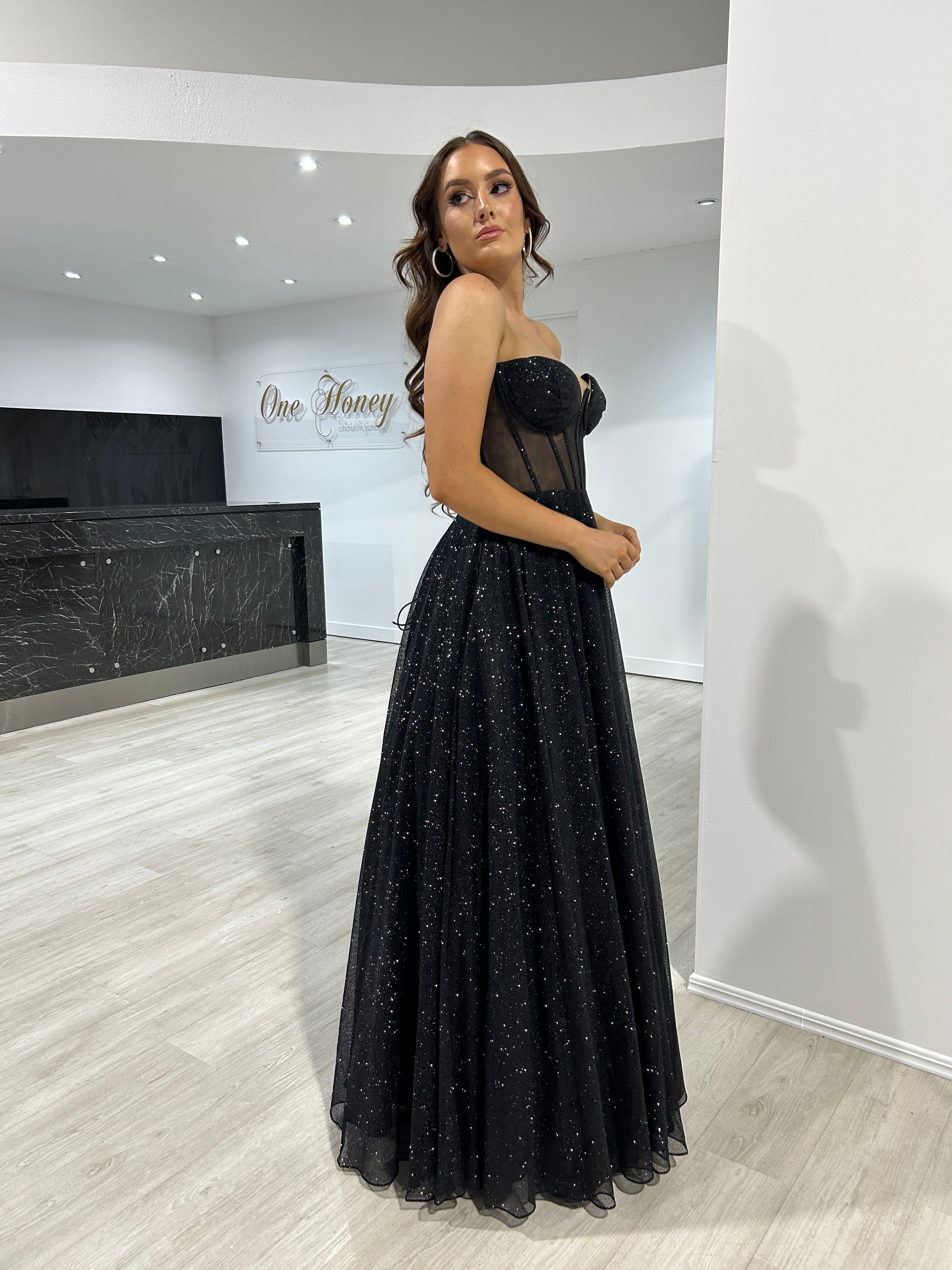 Honey Couture ALOMA Black Glitter Corset Strapless Formal Dress