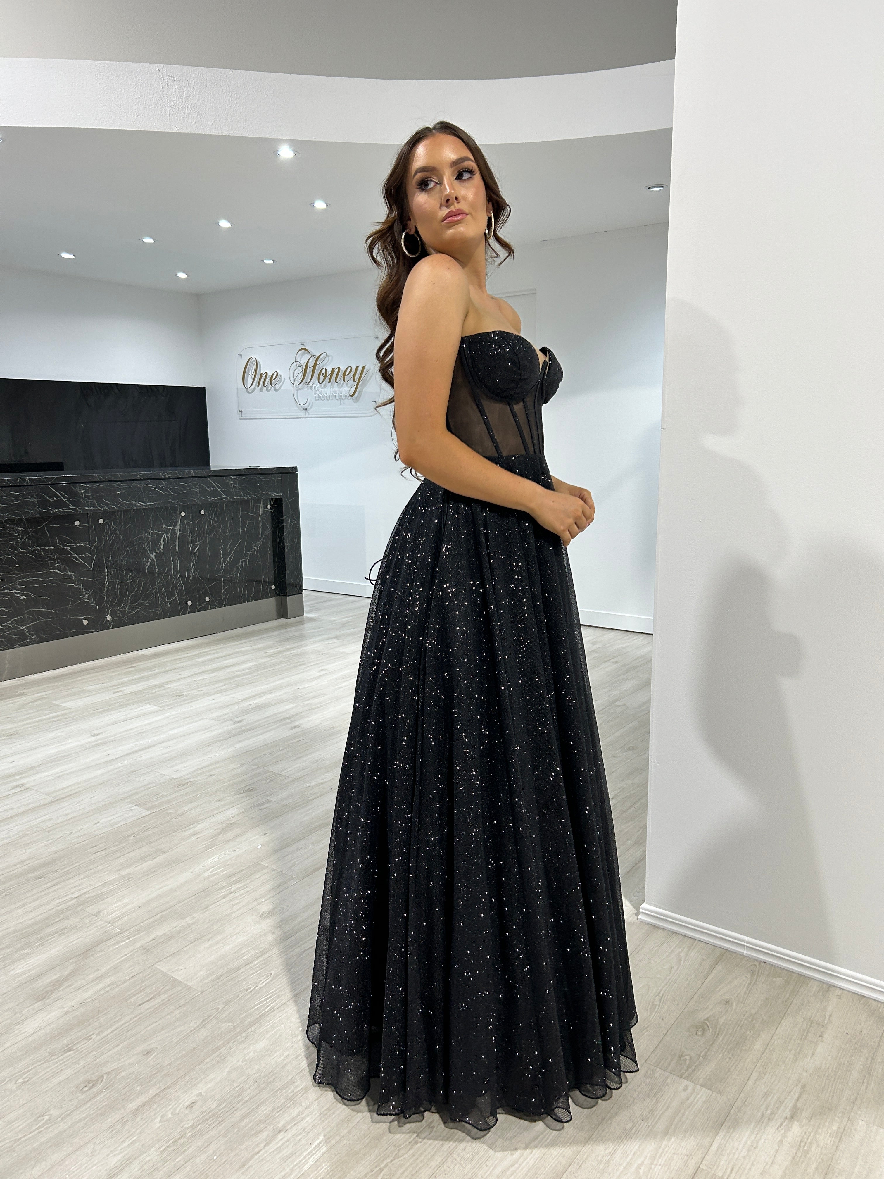 ALOMA Glitter Corset Strapless Formal Dress with sheer bodice, evening gown. Brisbane to Gold Coast, Australia.