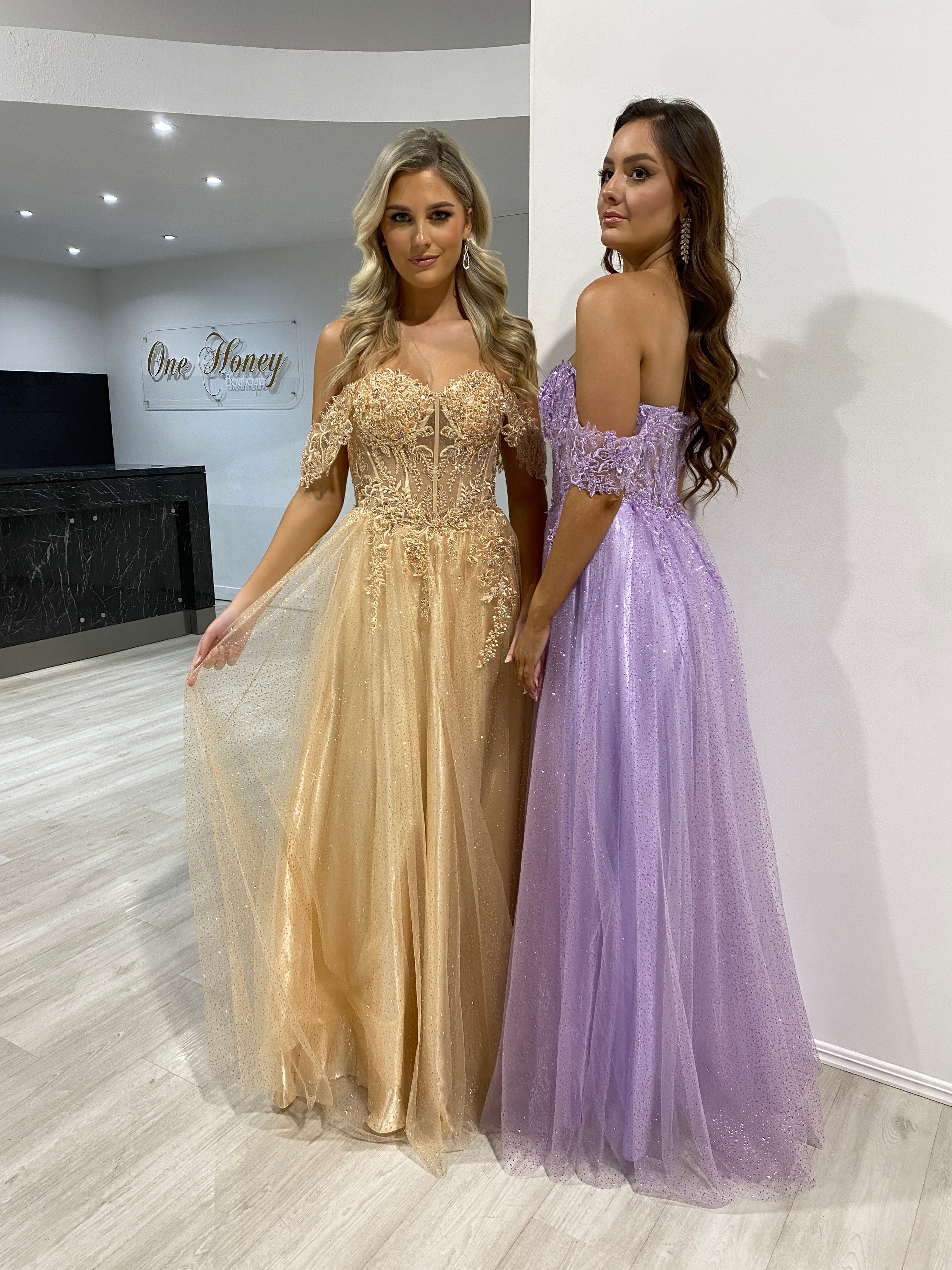 PHOEBE Off the Shoulder Bustier Lace Applique Tulle Formal Dress with glitter tulle, two women posing, evening gown, Brisbane to Gold Coast.