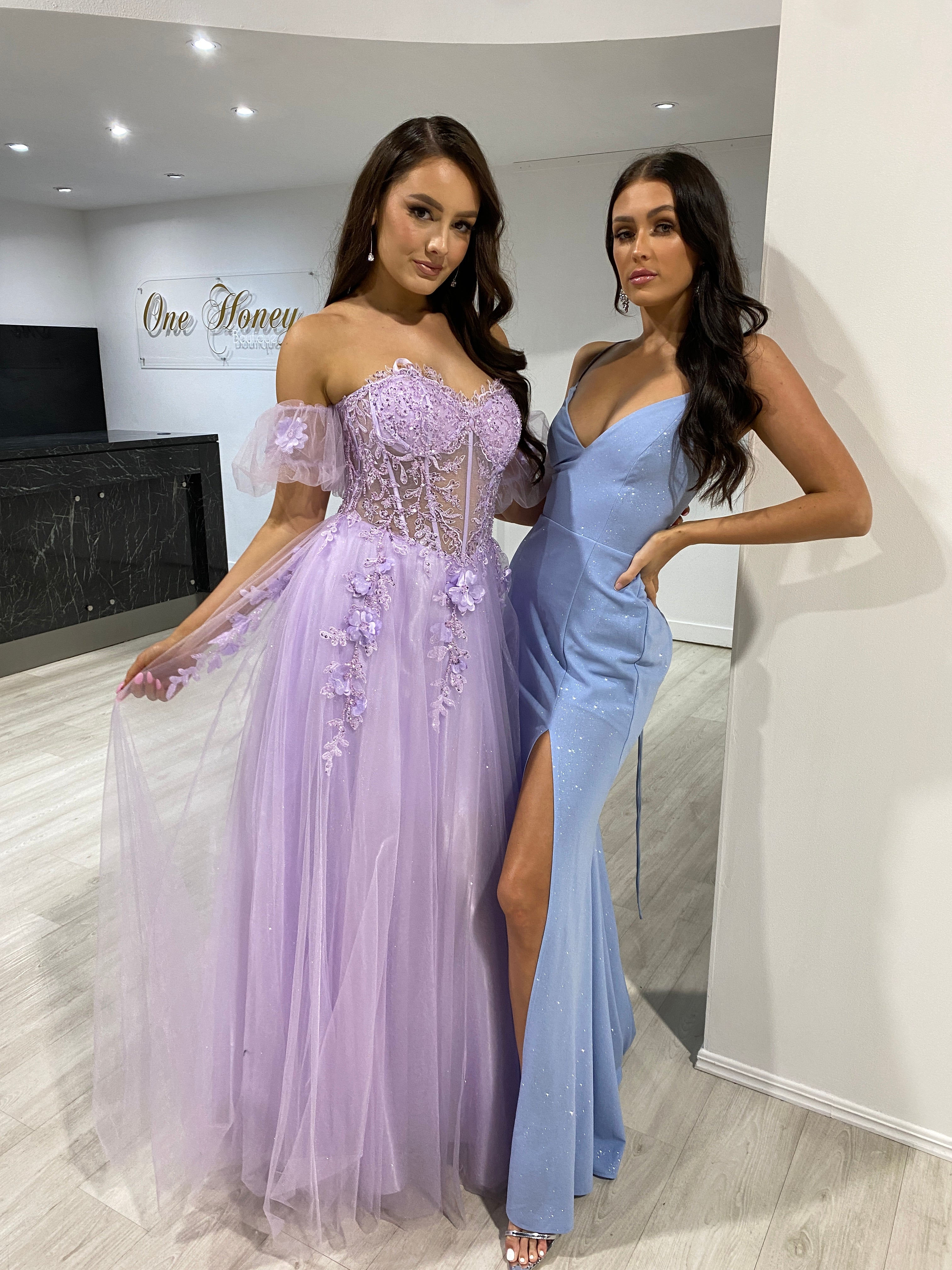 BLOOM Bustier Lace Applique Dress with sheer corset, A-line tulle, beside blue evening gown. Brisbane to Gold Coast, Australia.