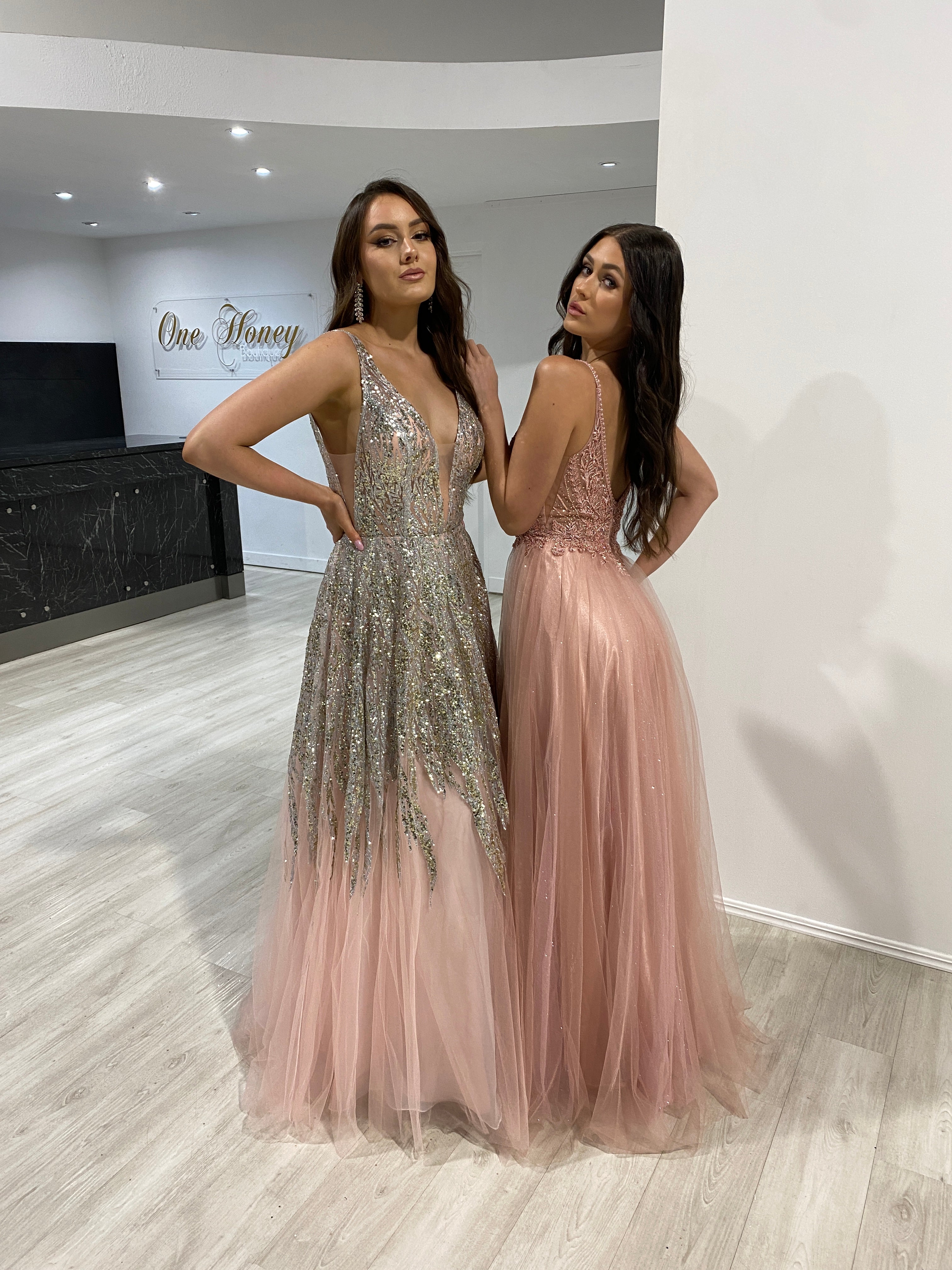 VIANNE Glitter Tulle A-Line prom gown with bead embellishments and plunging V-neckline, showcased indoors. Brisbane to Gold Coast, Australia.