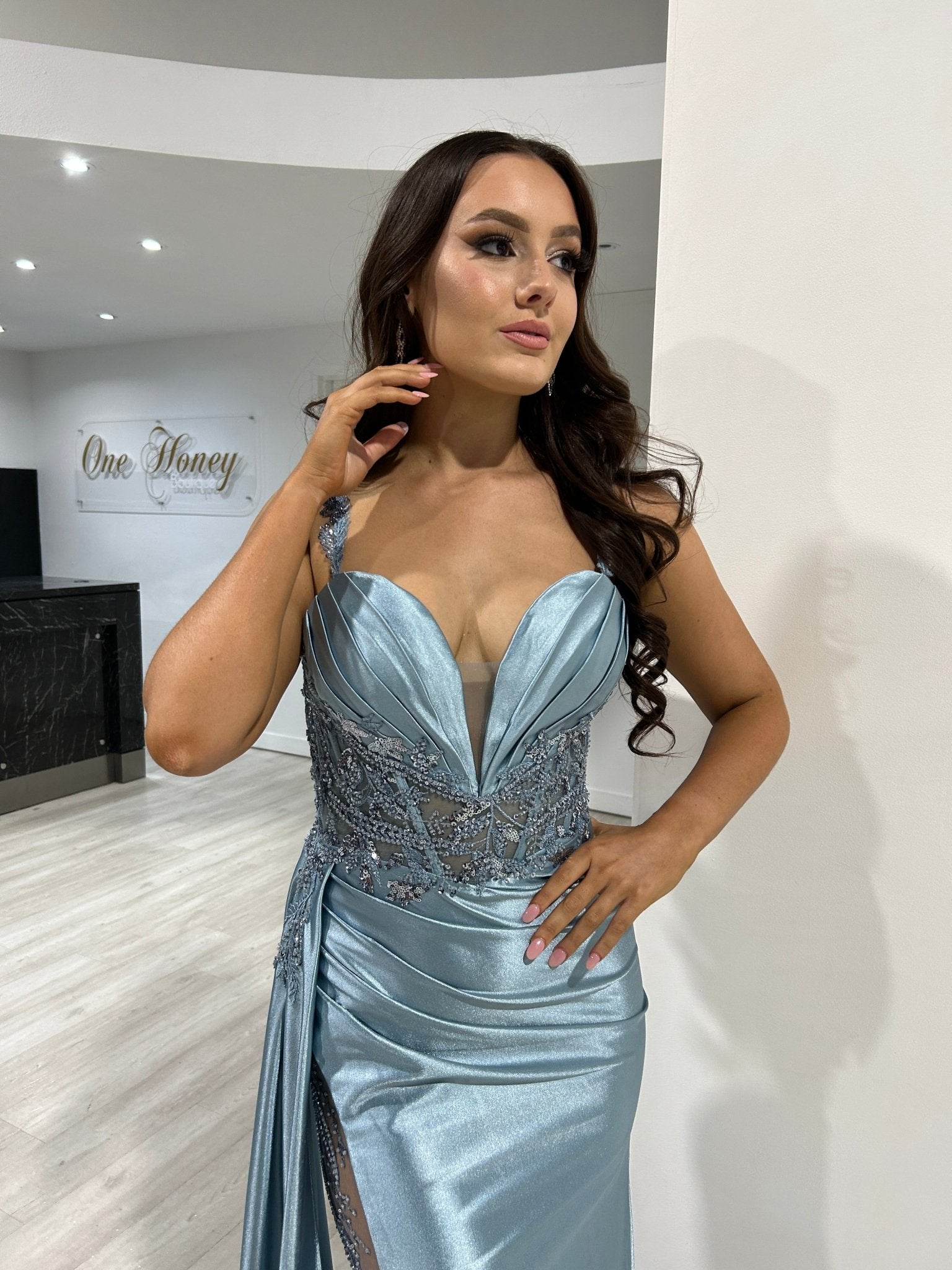 ANTONIA Embellished Corset Satin Mermaid Formal Dress in Australia | One Honey Boutique