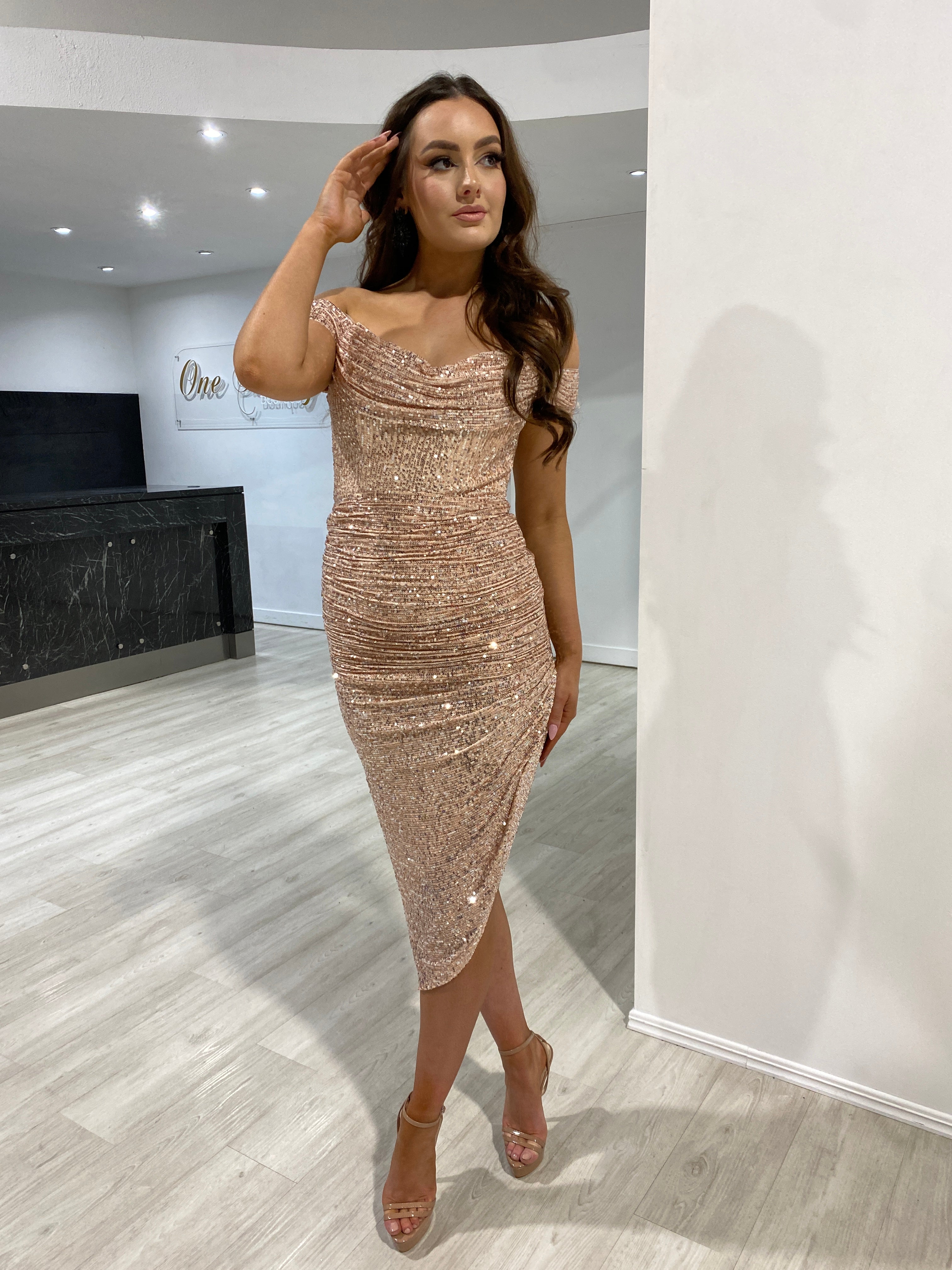 HESTA Sequin Off Shoulder Bustier Midi Dress with draped sleeves and cowl neckline, perfect for an evening gown. Brisbane to Gold Coast.